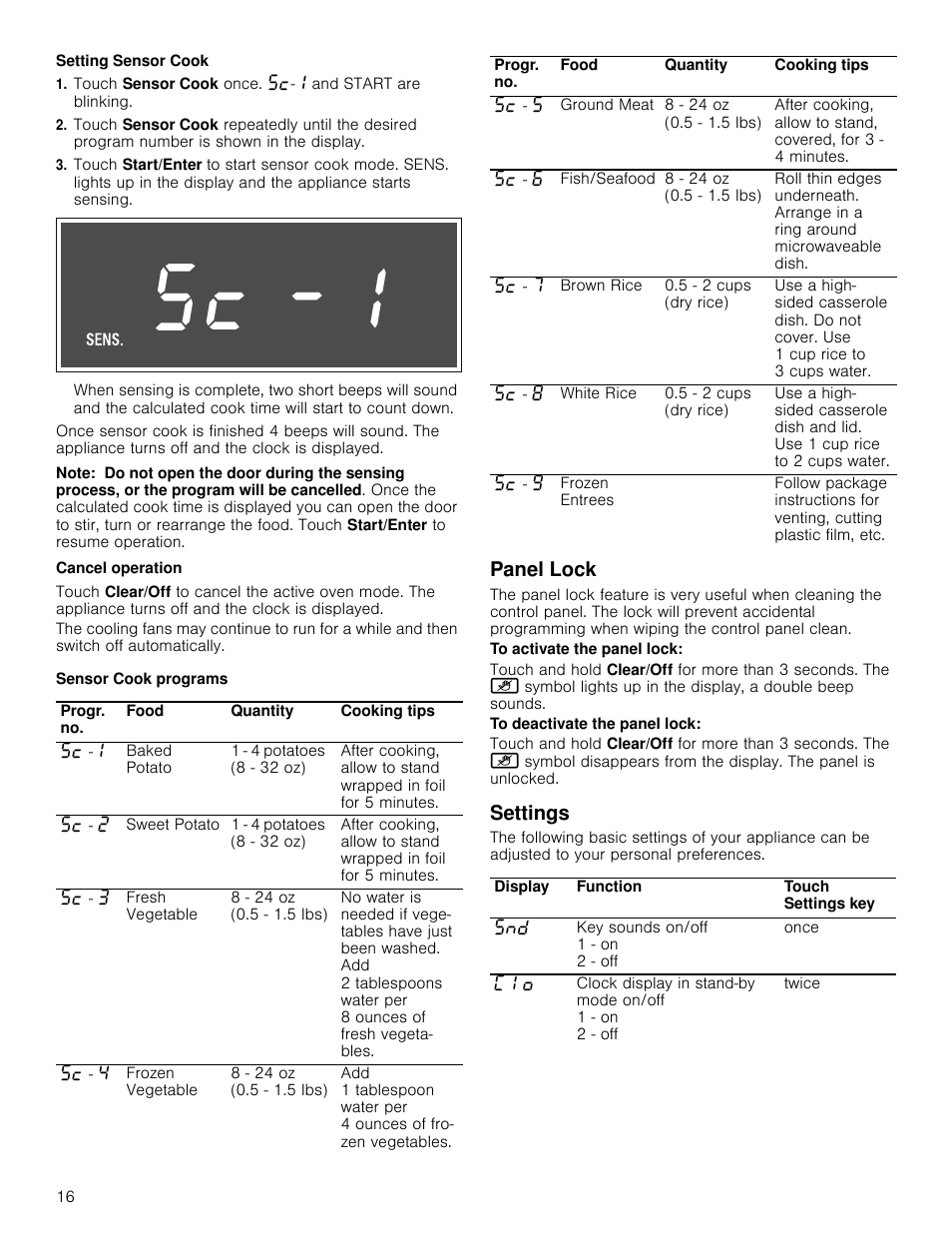 Setting sensor cook, Note, Cancel operation | Sensor cook programs, Panel lock, To activate the panel lock, To deactivate the panel lock, Settings | Bosch HMV5052U User Manual | Page 16 / 56