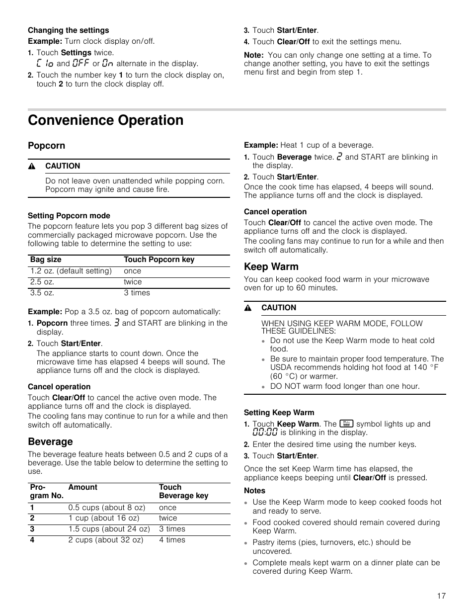 Changing the settings, Example: turn clock display on/off, Touch settings twice | Touch start/enter, Touch clear/off to exit the settings menu, Note, Convenience operation, Popcorn, 9 caution, Setting popcorn mode | Bosch HMV5052U User Manual | Page 17 / 56