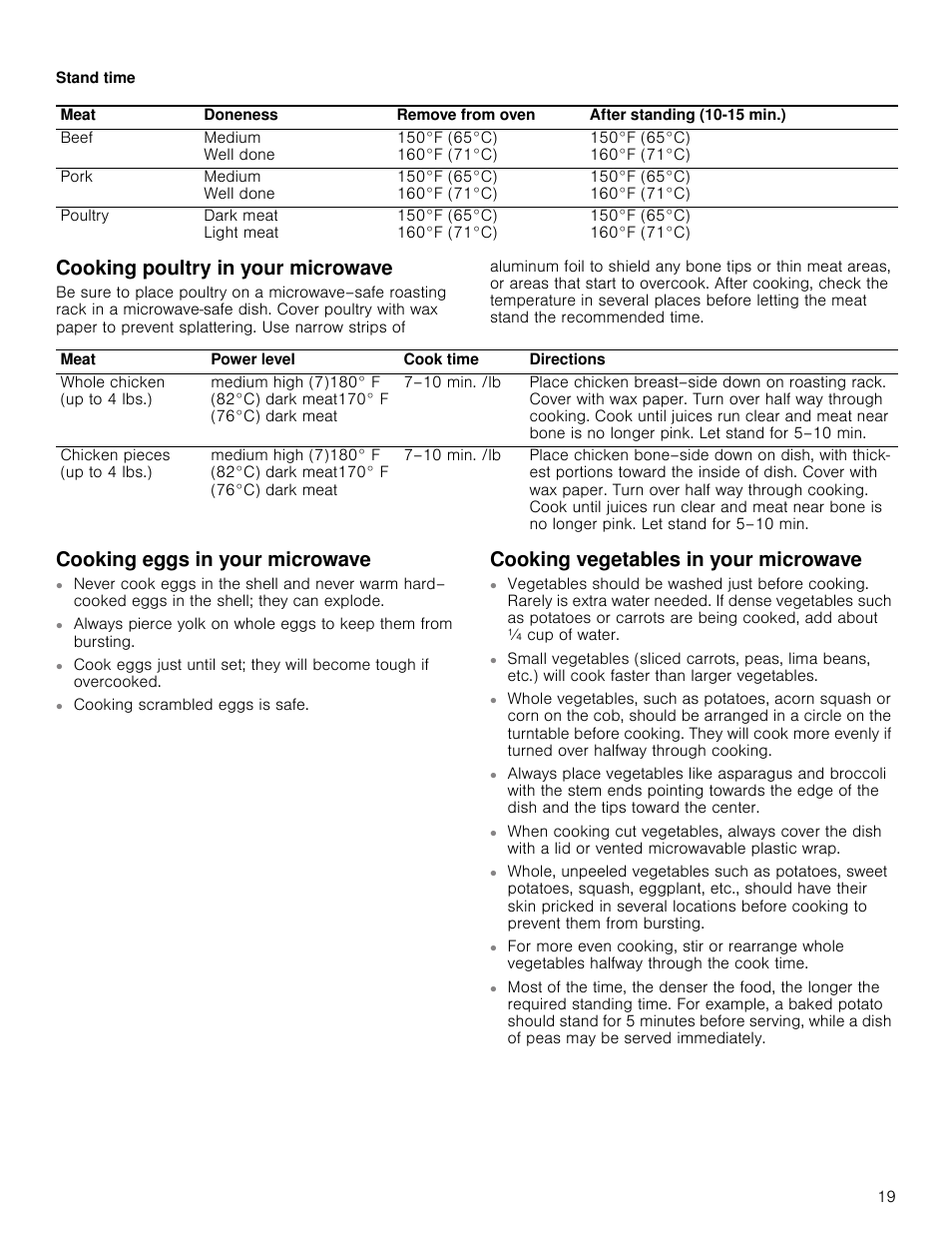 Stand time, Cooking poultry in your microwave, Cooking eggs in your microwave | Cooking vegetables in your microwave | Bosch HMV5052U User Manual | Page 19 / 56