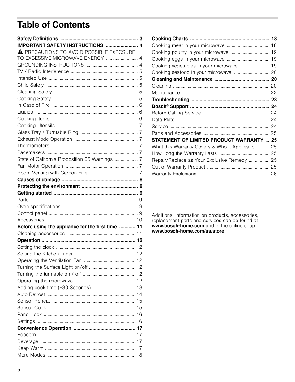 Table of contentsuse and care manual, Important safety instructions 4, Causes of damage 8 | Protecting the environment 8, Getting started 9, Before using the appliance for the first time 11, Operation 12, Convenience operation 17, Cooking charts 18, Cleaning and maintenance 20 | Bosch HMV5052U User Manual | Page 2 / 56