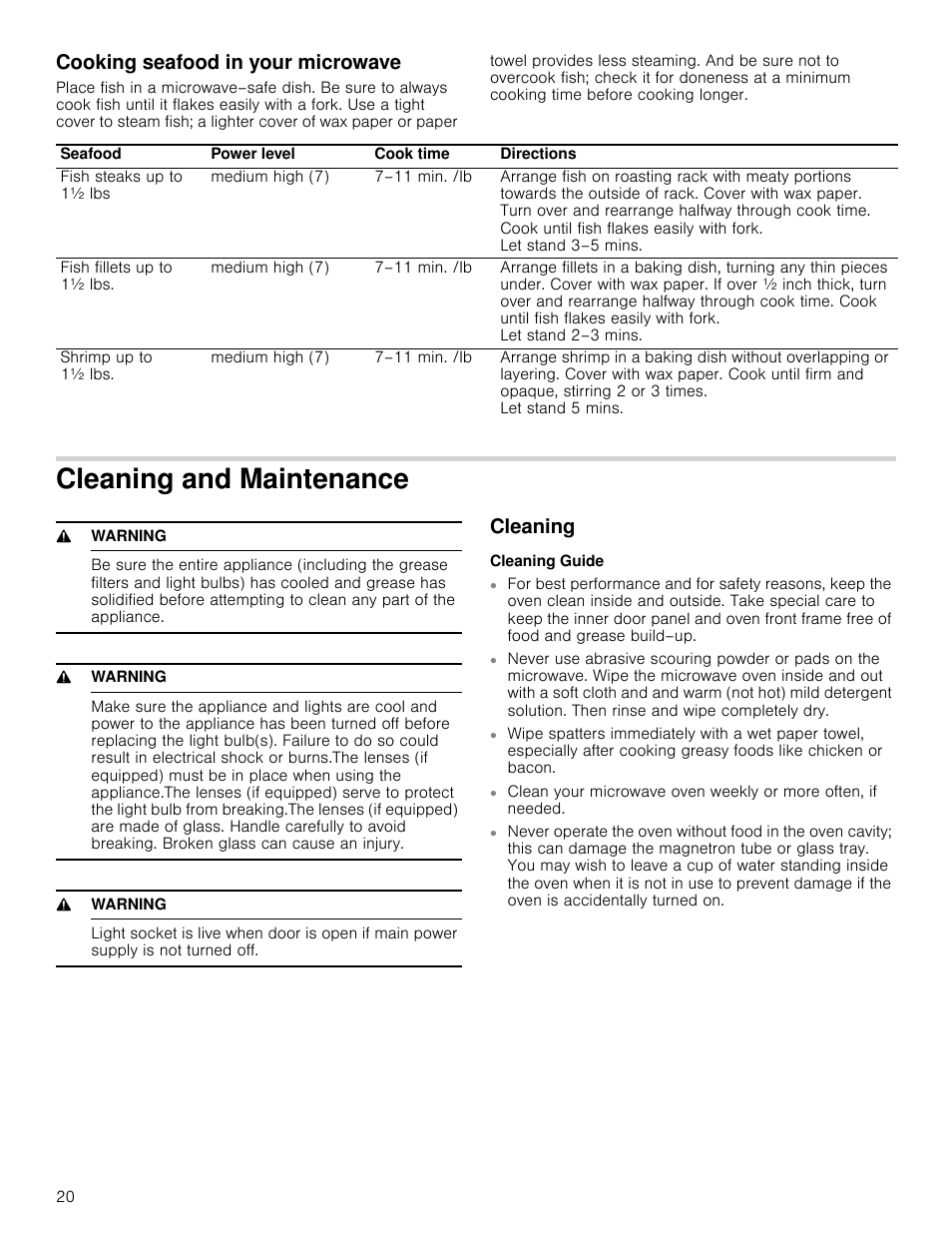 Cooking seafood in your microwave, Cleaning and maintenance, 9 warning | Cleaning, Cleaning guide | Bosch HMV5052U User Manual | Page 20 / 56