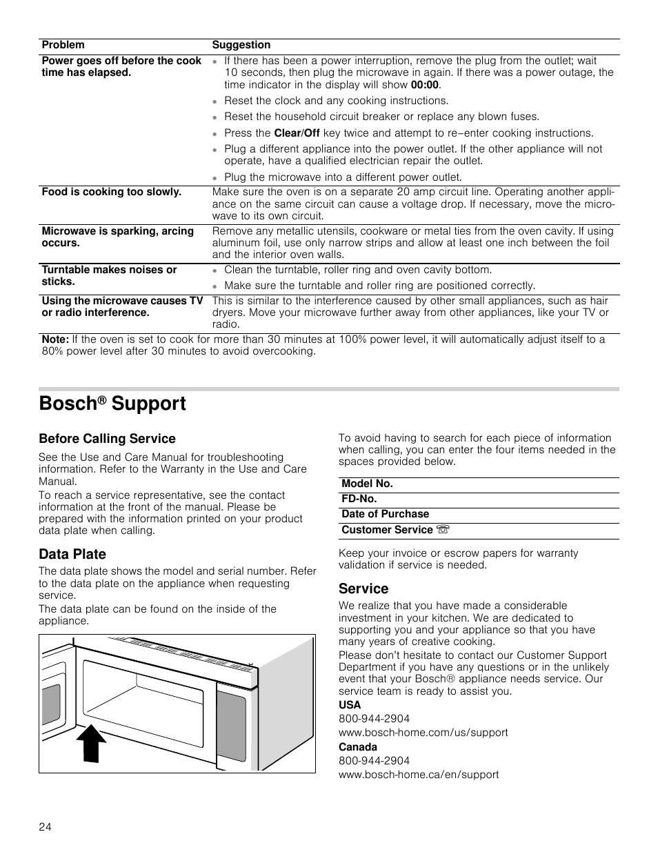 Bosch® support, Before calling service, Data plate | Service, Www.bosch-home.com/us/support, Canada, Www.bosch-home.ca/en/support, Bosch, Support | Bosch HMV5052U User Manual | Page 24 / 56