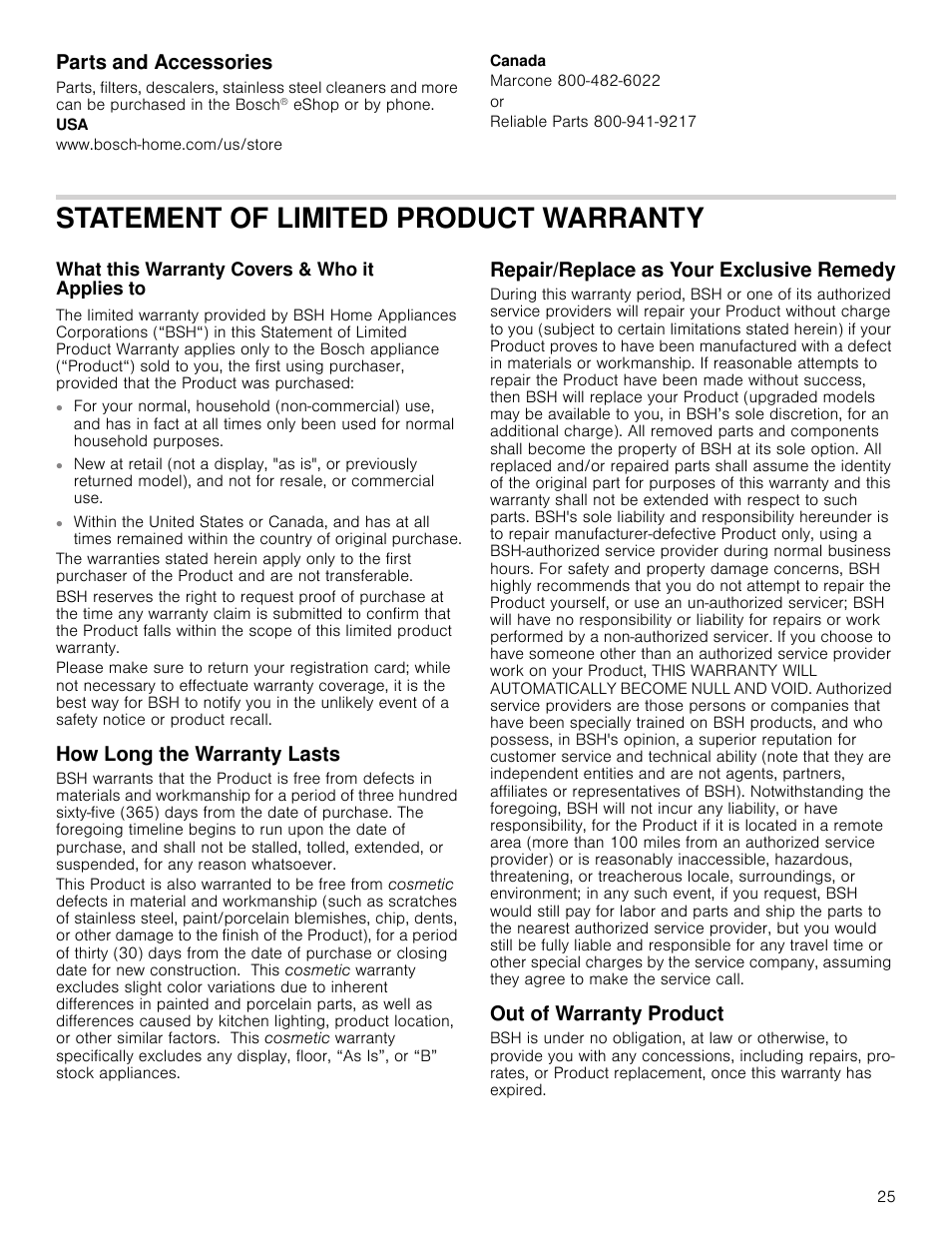 Parts and accessories, Www.bosch-home.com/us/store, Canada | Marcone 800-482-6022, Statement of limited product warranty, What this warranty covers & who it applies to, How long the warranty lasts, Repair/replace as your exclusive remedy, Out of warranty product | Bosch HMV5052U User Manual | Page 25 / 56