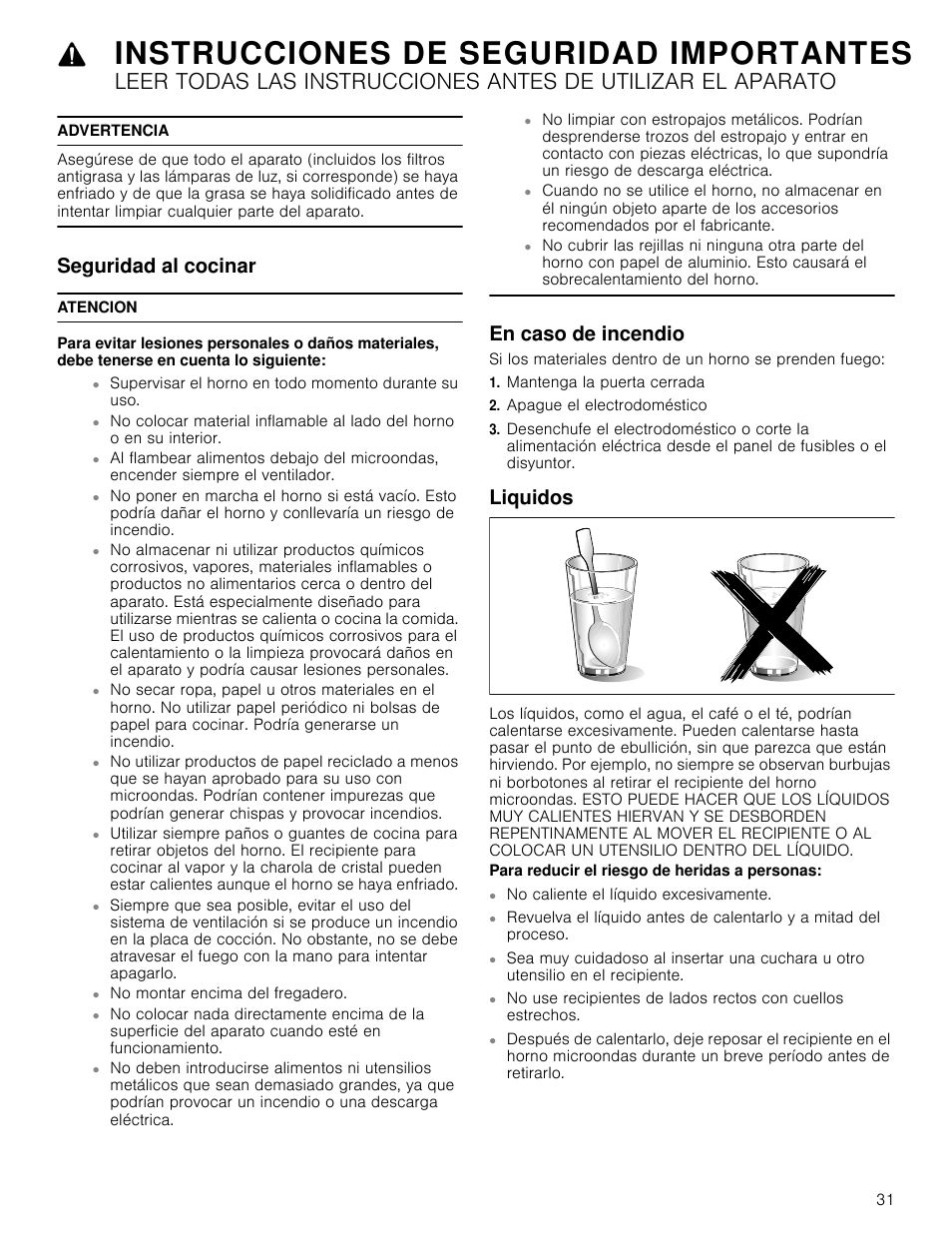 Advertencia, Seguridad al cocinar, Atencion | En caso de incendio, Mantenga la puerta cerrada, Apague el electrodoméstico, Liquidos, Para reducir el riesgo de heridas a personas, No caliente el líquido excesivamente, Instrucciones de seguridad importantes | Bosch HMV5052U User Manual | Page 31 / 56