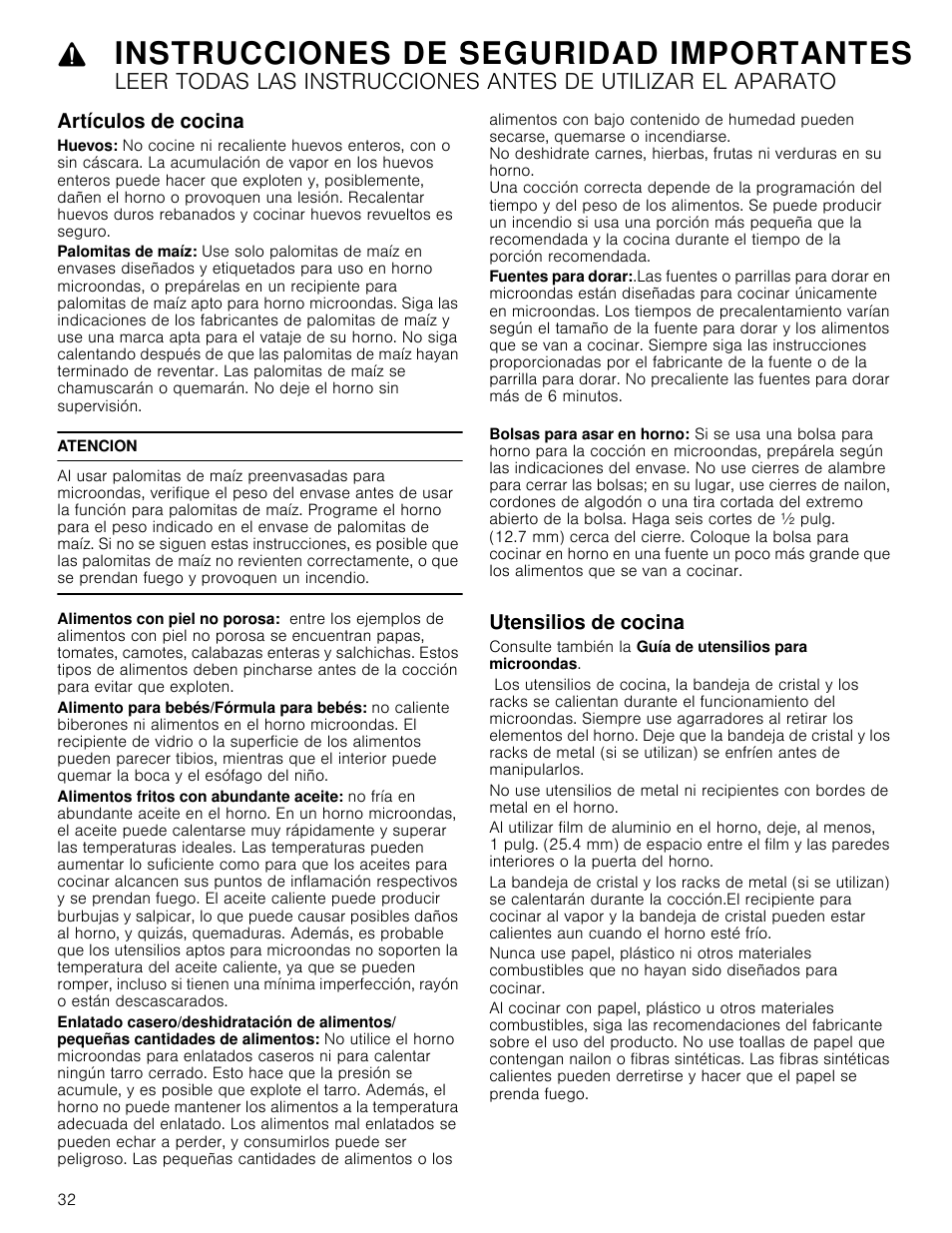 Artículos de cocina, Atencion, Utensilios de cocina | Instrucciones de seguridad importantes | Bosch HMV5052U User Manual | Page 32 / 56