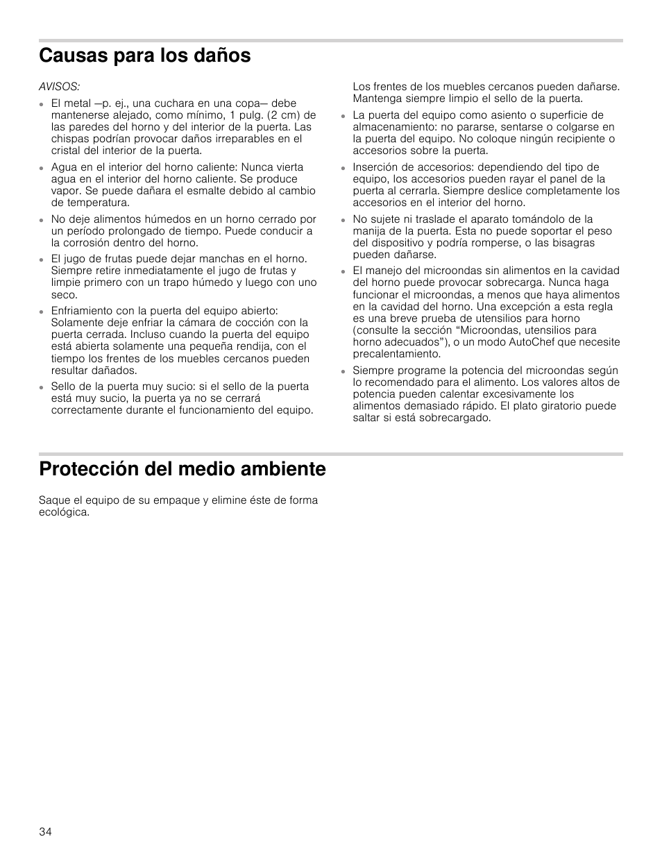 Causas para los daños, Avisos, Protección del medio ambiente | Bosch HMV5052U User Manual | Page 34 / 56