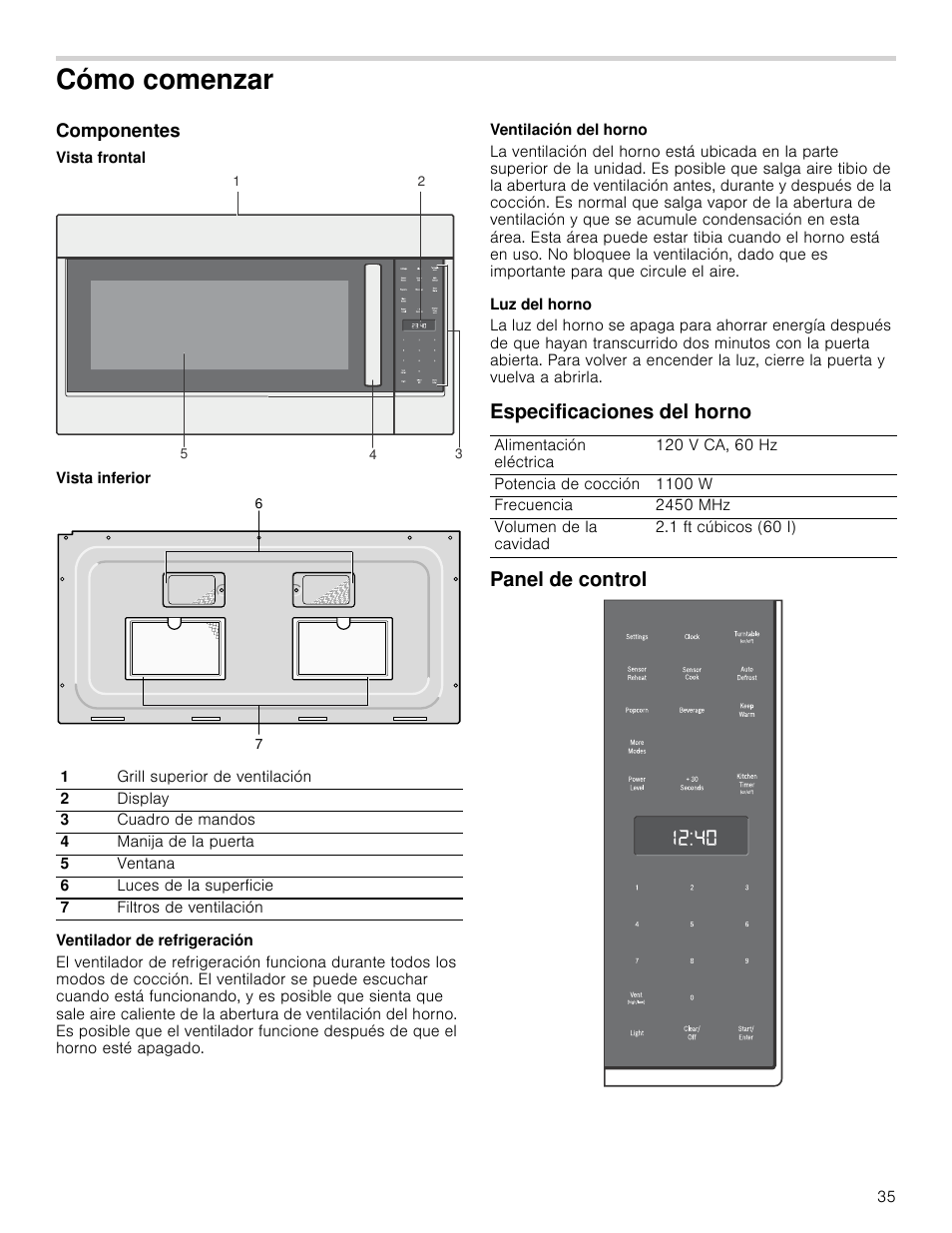 Cómo comenzar, Componentes, Vista frontal | Vista inferior, Ventilador de refrigeración, Ventilación del horno, Luz del horno, Especificaciones del horno, Panel de control, Especificaciones del horno panel de control | Bosch HMV5052U User Manual | Page 35 / 56