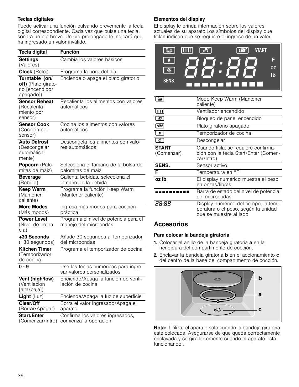 Teclas digitales, Elementos del display, Accesorios | Para colocar la bandeja giratoria, Nota | Bosch HMV5052U User Manual | Page 36 / 56