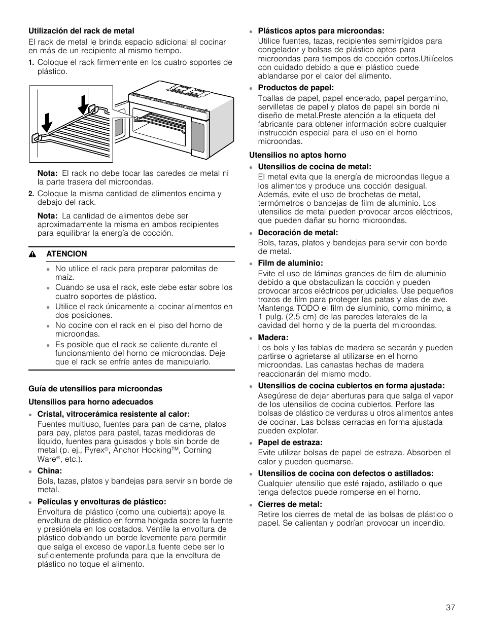 Utilización del rack de metal, Nota, 9 atencion | Guía de utensilios para microondas, Utensilios para horno adecuados, Utensilios no aptos horno | Bosch HMV5052U User Manual | Page 37 / 56