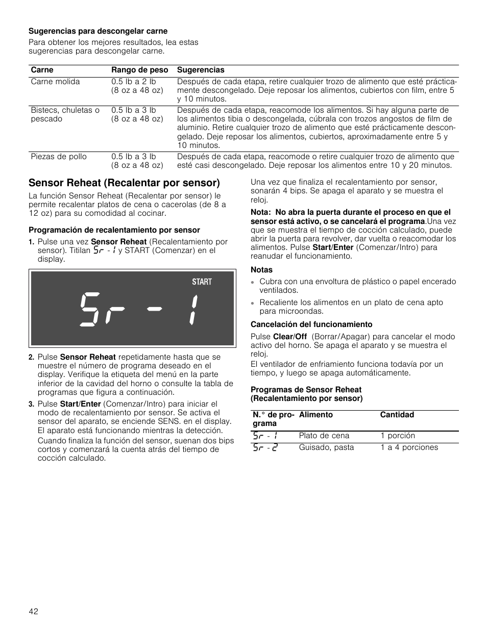 Sugerencias para descongelar carne, Sensor reheat (recalentar por sensor), Programación de recalentamiento por sensor | Nota, Notas, Cancelación del funcionamiento | Bosch HMV5052U User Manual | Page 42 / 56