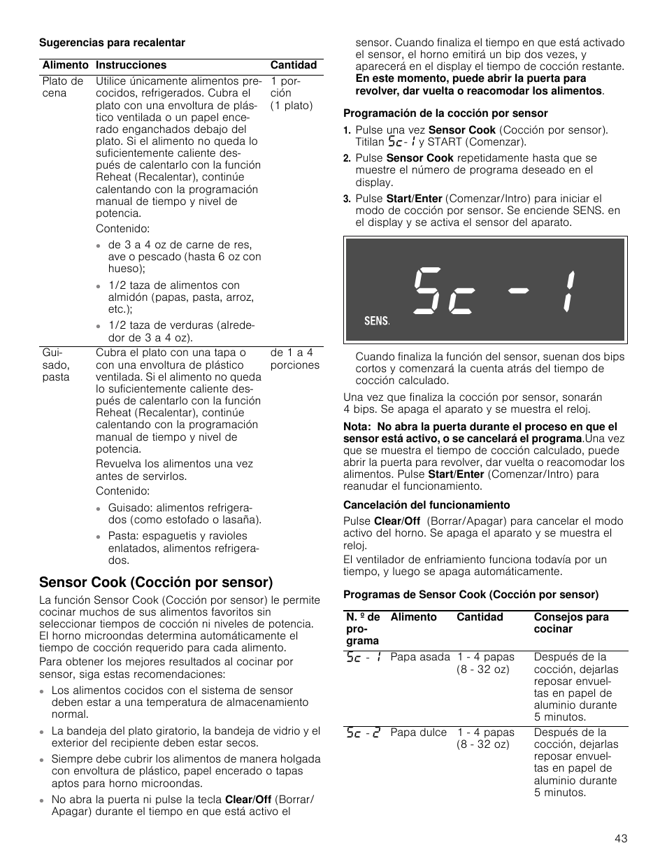 Sugerencias para recalentar, Sensor cook (cocción por sensor), Programación de la cocción por sensor | Nota, Cancelación del funcionamiento, Programas de sensor cook (cocción por sensor) | Bosch HMV5052U User Manual | Page 43 / 56