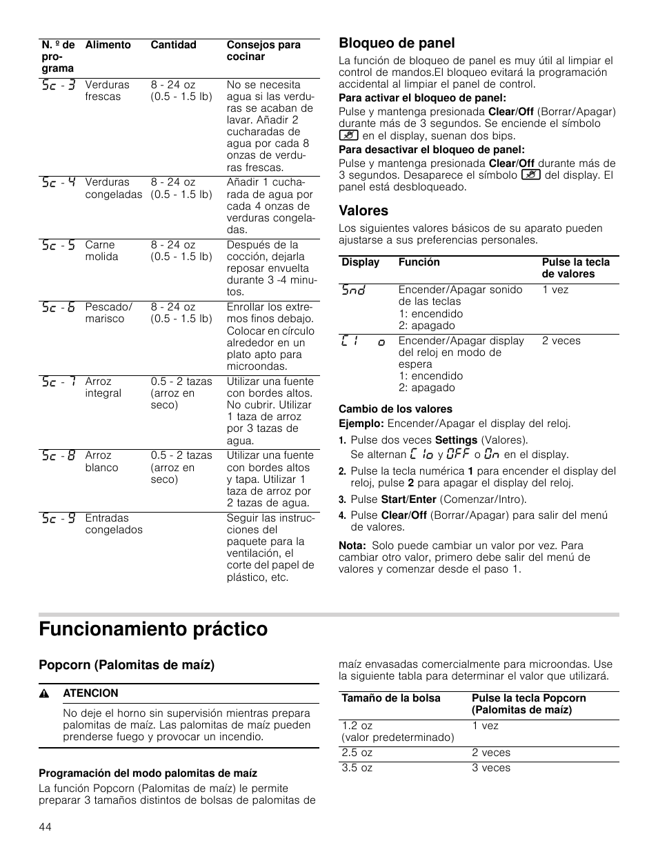 Bloqueo de panel, Para activar el bloqueo de panel, Para desactivar el bloqueo de panel | Valores, Cambio de los valores, Ejemplo: encender/apagar el display del reloj, Pulse dos veces settings (valores), Pulse start/enter (comenzar/intro), Nota, Funcionamiento práctico | Bosch HMV5052U User Manual | Page 44 / 56