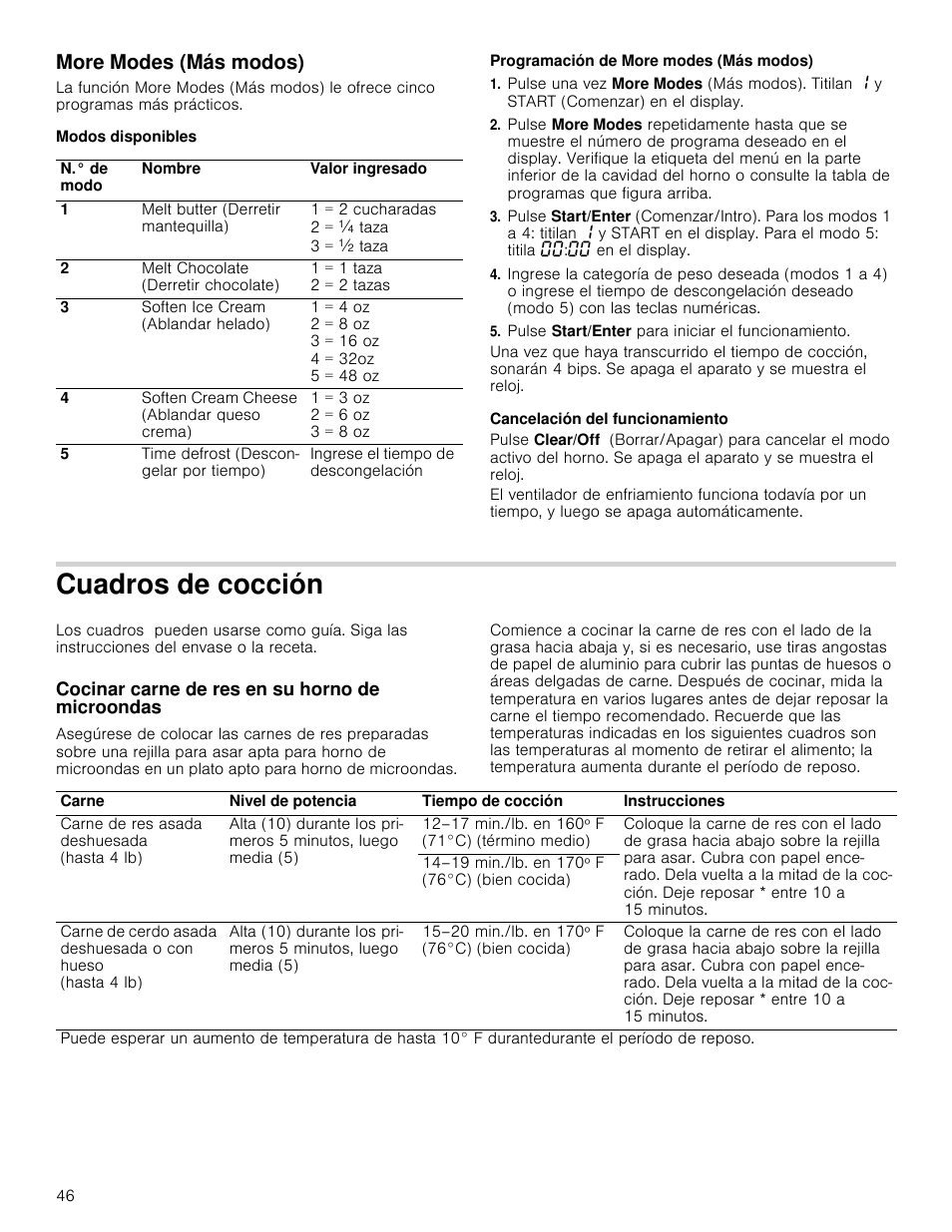 More modes (más modos), Modos disponibles, Programación de more modes (más modos) | Pulse start/enter para iniciar el funcionamiento, Cancelación del funcionamiento, Cuadros de cocción, Cocinar carne de res en su horno de microondas | Bosch HMV5052U User Manual | Page 46 / 56