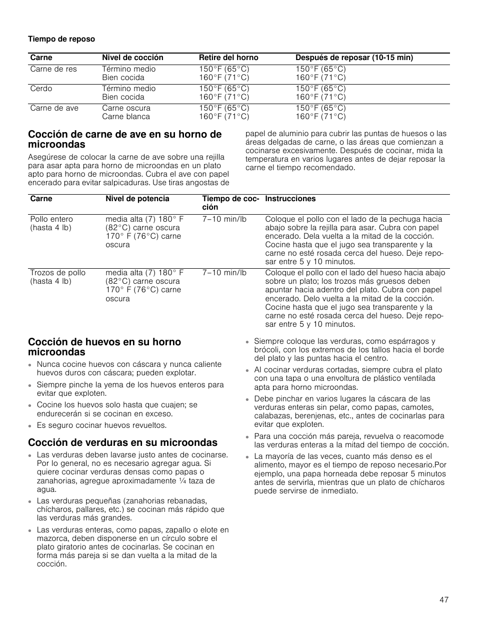 Tiempo de reposo, Cocción de carne de ave en su horno de microondas, Cocción de huevos en su horno microondas | Cocción de verduras en su microondas | Bosch HMV5052U User Manual | Page 47 / 56