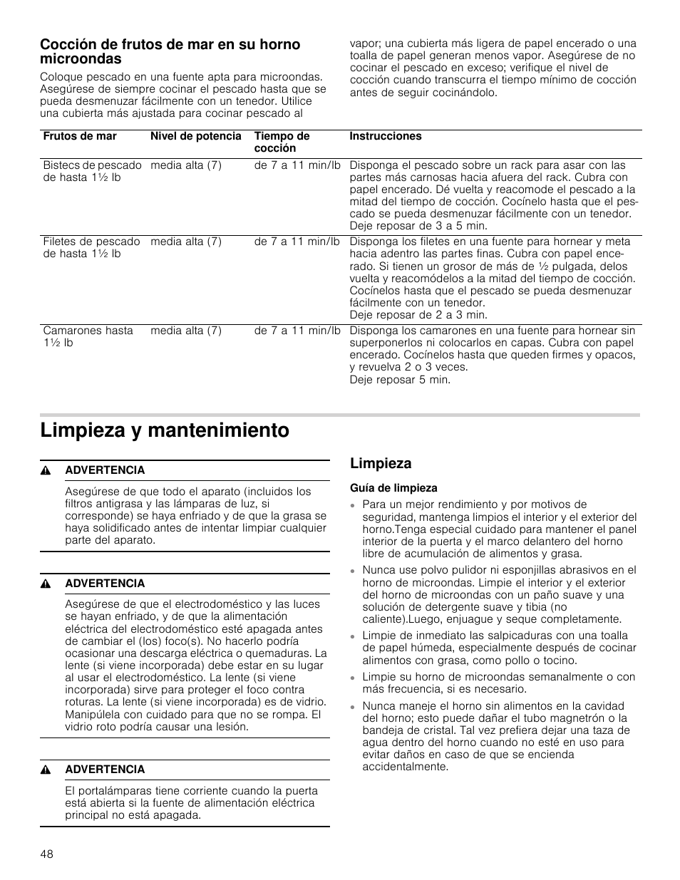 Cocción de frutos de mar en su horno microondas, Limpieza y mantenimiento, 9 advertencia | Limpieza, Guía de limpieza | Bosch HMV5052U User Manual | Page 48 / 56