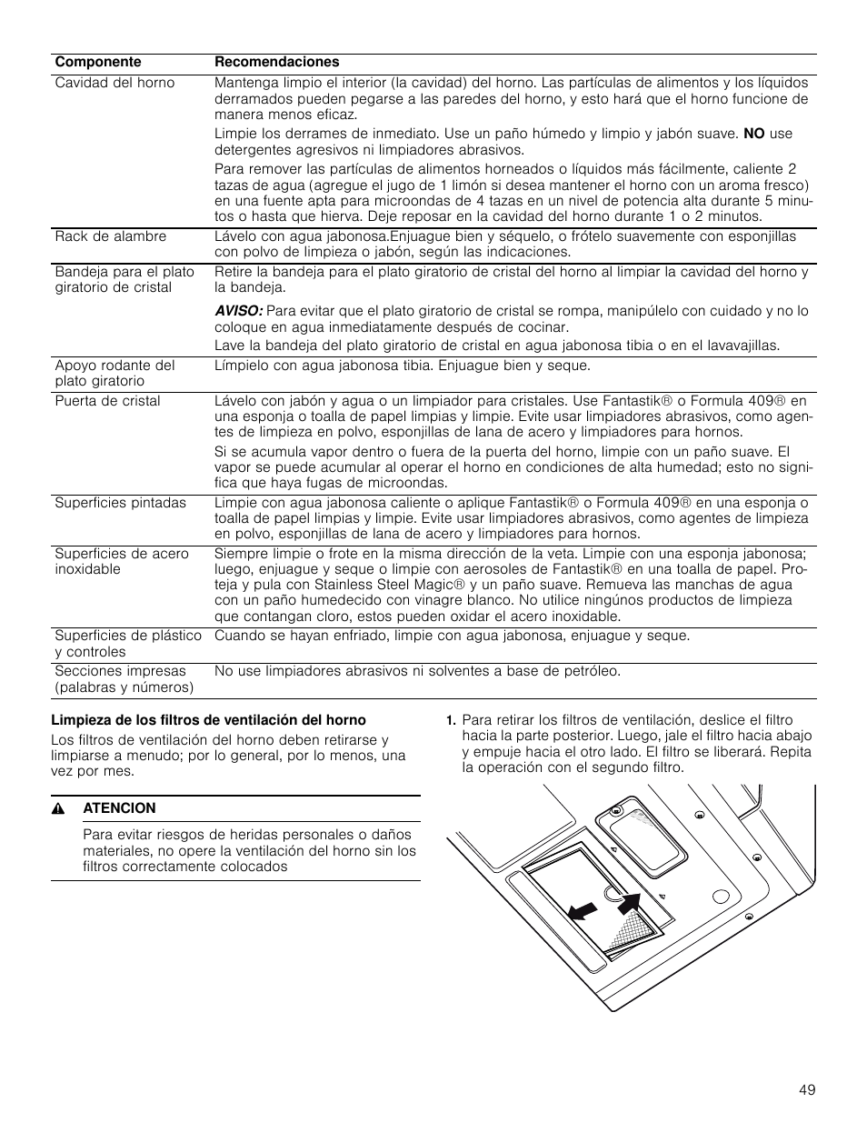 Limpieza de los filtros de ventilación del horno, 9 atencion | Bosch HMV5052U User Manual | Page 49 / 56