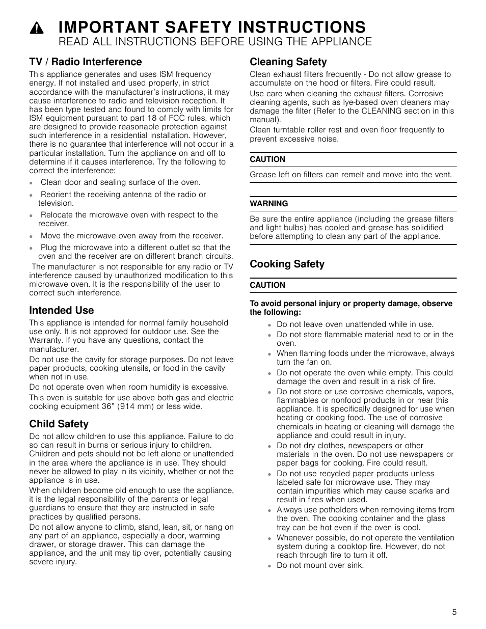 Tv / radio interference, Clean door and sealing surface of the oven, Move the microwave oven away from the receiver | Intended use, Child safety, Cleaning safety, Caution, Warning, Cooking safety, Important safety instructions | Bosch HMV5052U User Manual | Page 5 / 56