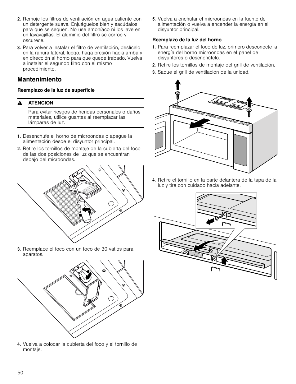 Mantenimiento, Reemplazo de la luz de superficie, 9 atencion | Reemplazo de la luz del horno, Saque el grill de ventilación de la unidad | Bosch HMV5052U User Manual | Page 50 / 56