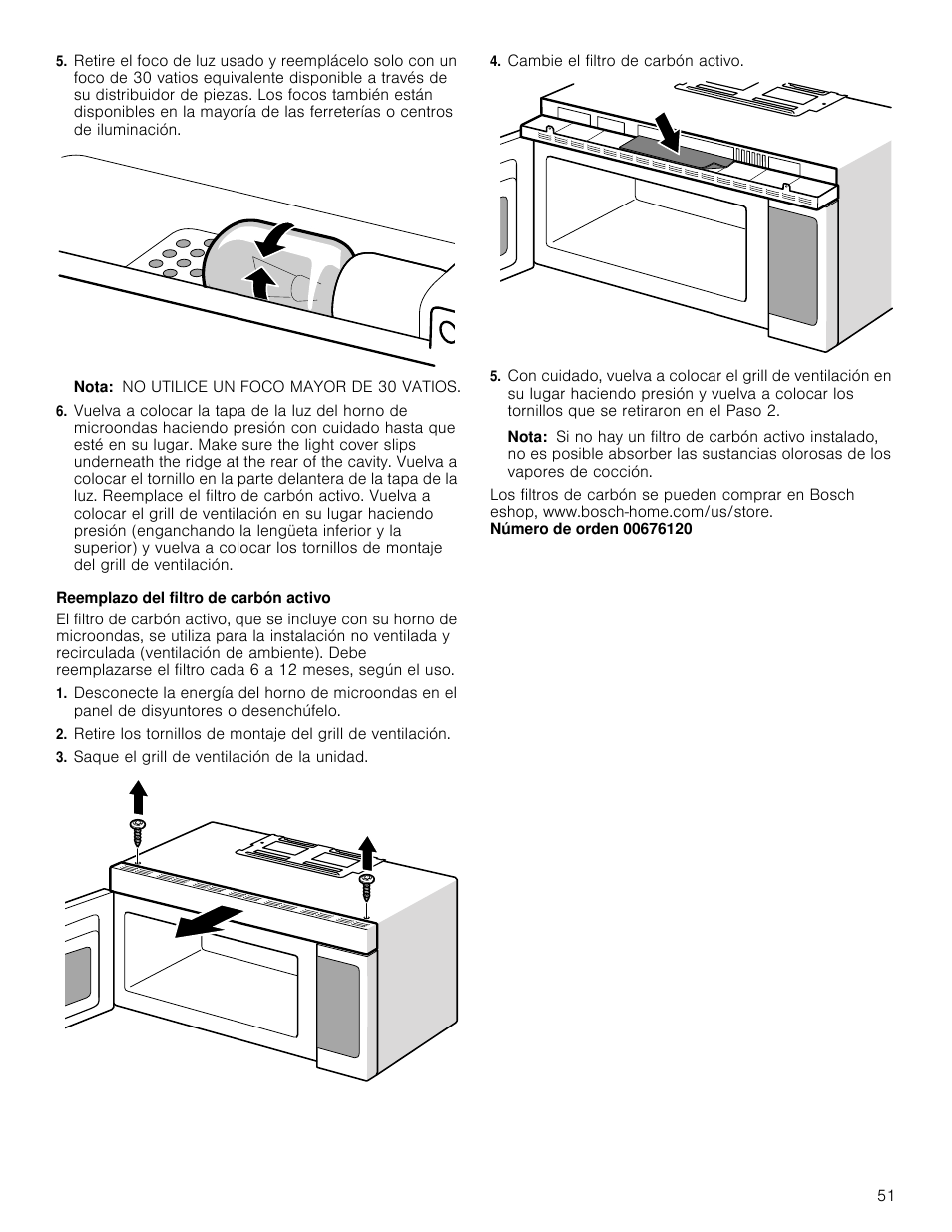 Nota, Reemplazo del filtro de carbón activo, Saque el grill de ventilación de la unidad | Cambie el filtro de carbón activo | Bosch HMV5052U User Manual | Page 51 / 56