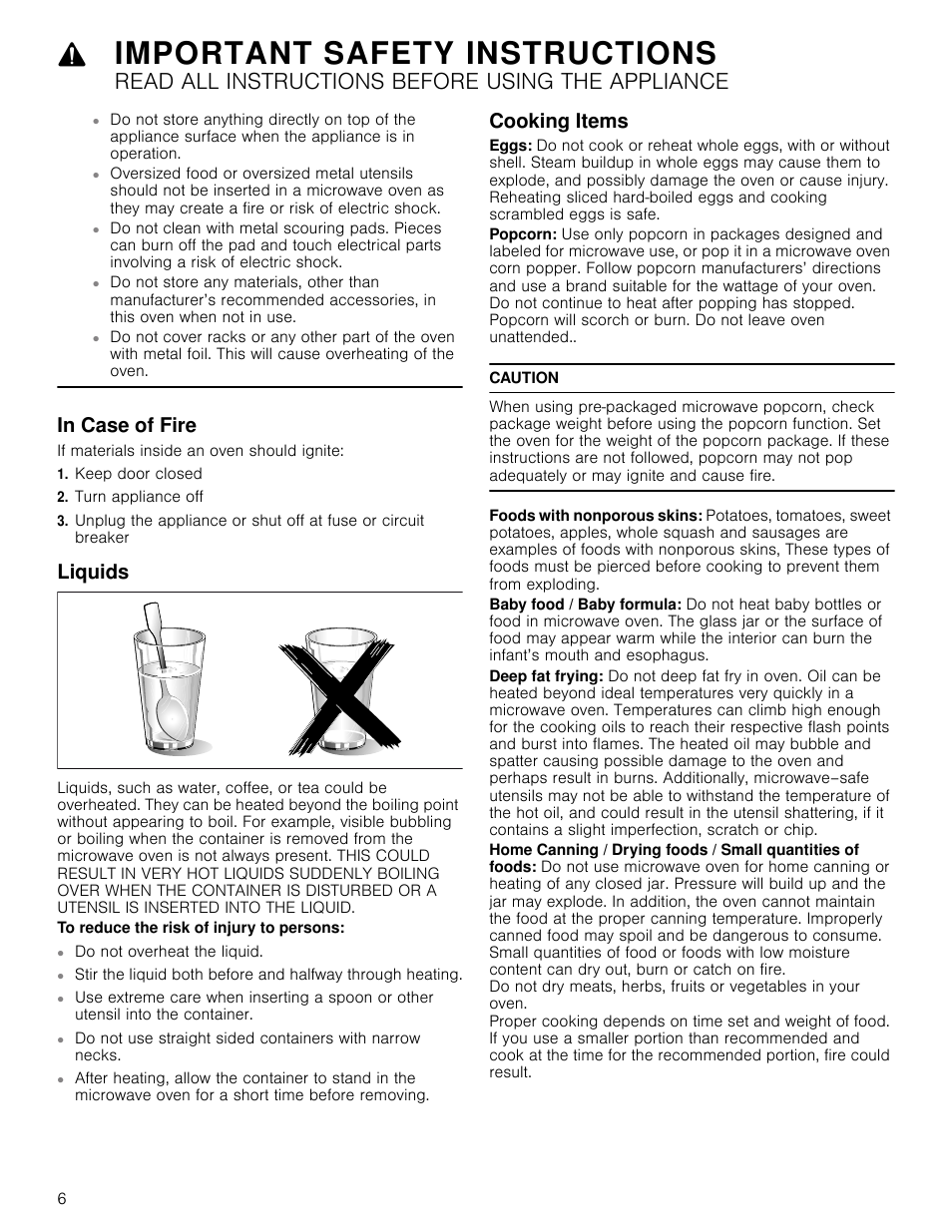 In case of fire, If materials inside an oven should ignite, Keep door closed | Turn appliance off, Liquids, To reduce the risk of injury to persons, Do not overheat the liquid, Cooking items, Caution, Important safety instructions | Bosch HMV5052U User Manual | Page 6 / 56