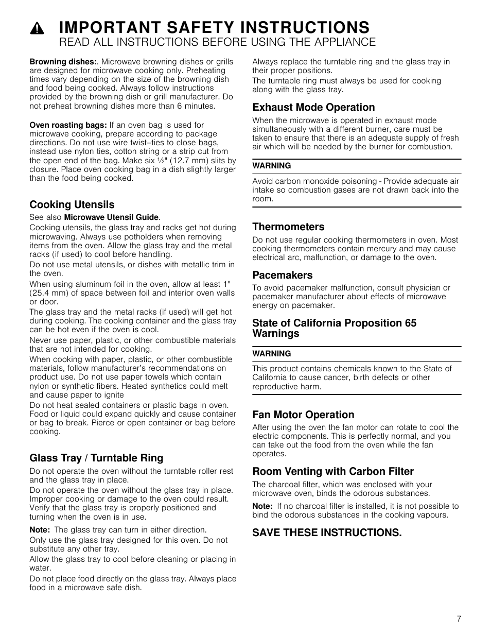 Cooking utensils, See also microwave utensil guide, Glass tray / turntable ring | Note, The glass tray can turn in either direction, Exhaust mode operation, Warning, Thermometers, Pacemakers, State of california proposition 65 warnings | Bosch HMV5052U User Manual | Page 7 / 56