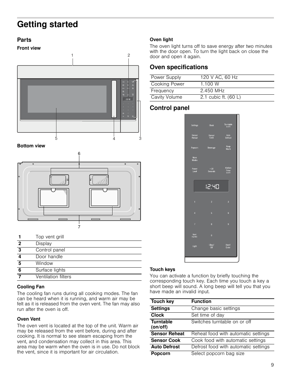 Getting started, Parts, Front view | Bottom view, Cooling fan, Oven vent, Oven light, Oven specifications, Control panel, Touch keys | Bosch HMV5052U User Manual | Page 9 / 56