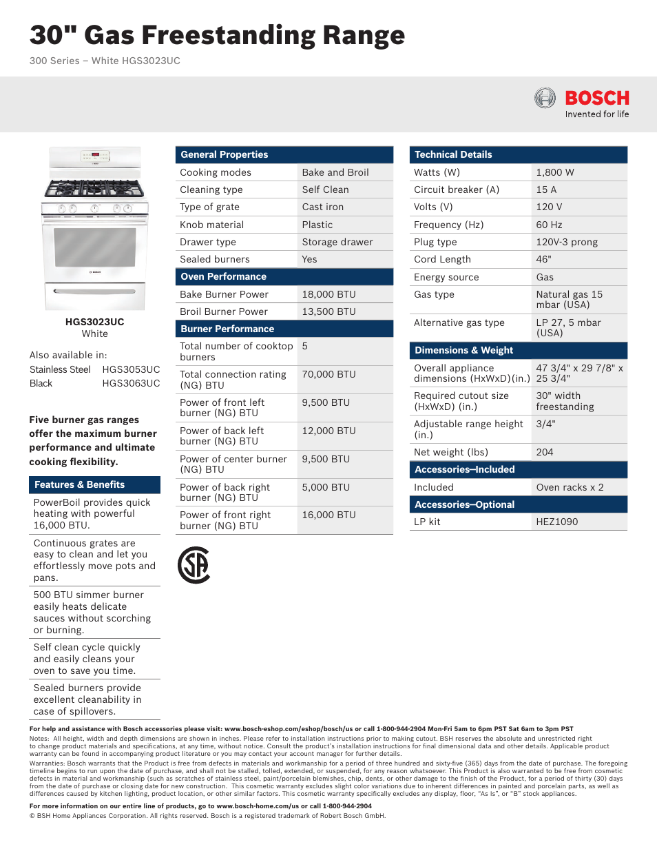 Bosch HGS3023UC User Manual | 2 pages