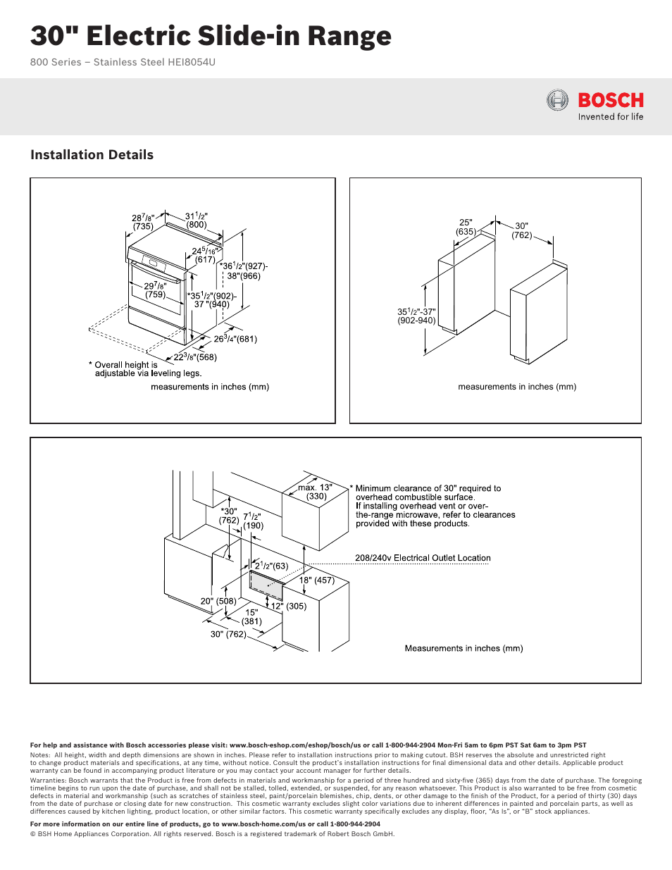 30" electric slide-in range, Installation details | Bosch HEI8054U User Manual | Page 2 / 2
