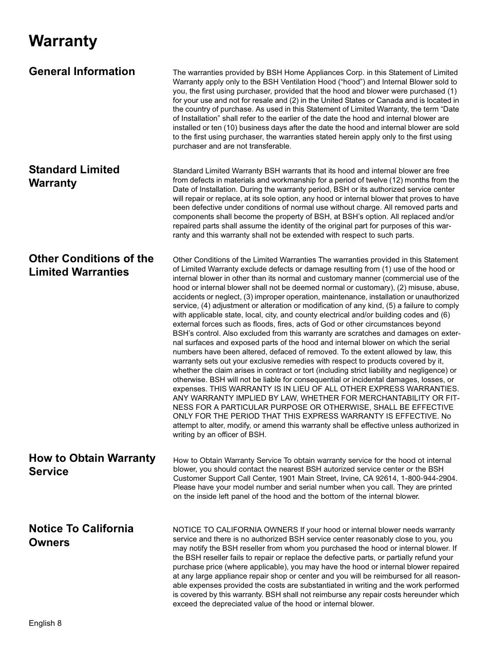 Warranty, General information, Standard limited warranty | Other conditions of the limited warranties, How to obtain warranty service, Notice to california owners | Bosch HUI31451UC User Manual | Page 10 / 32