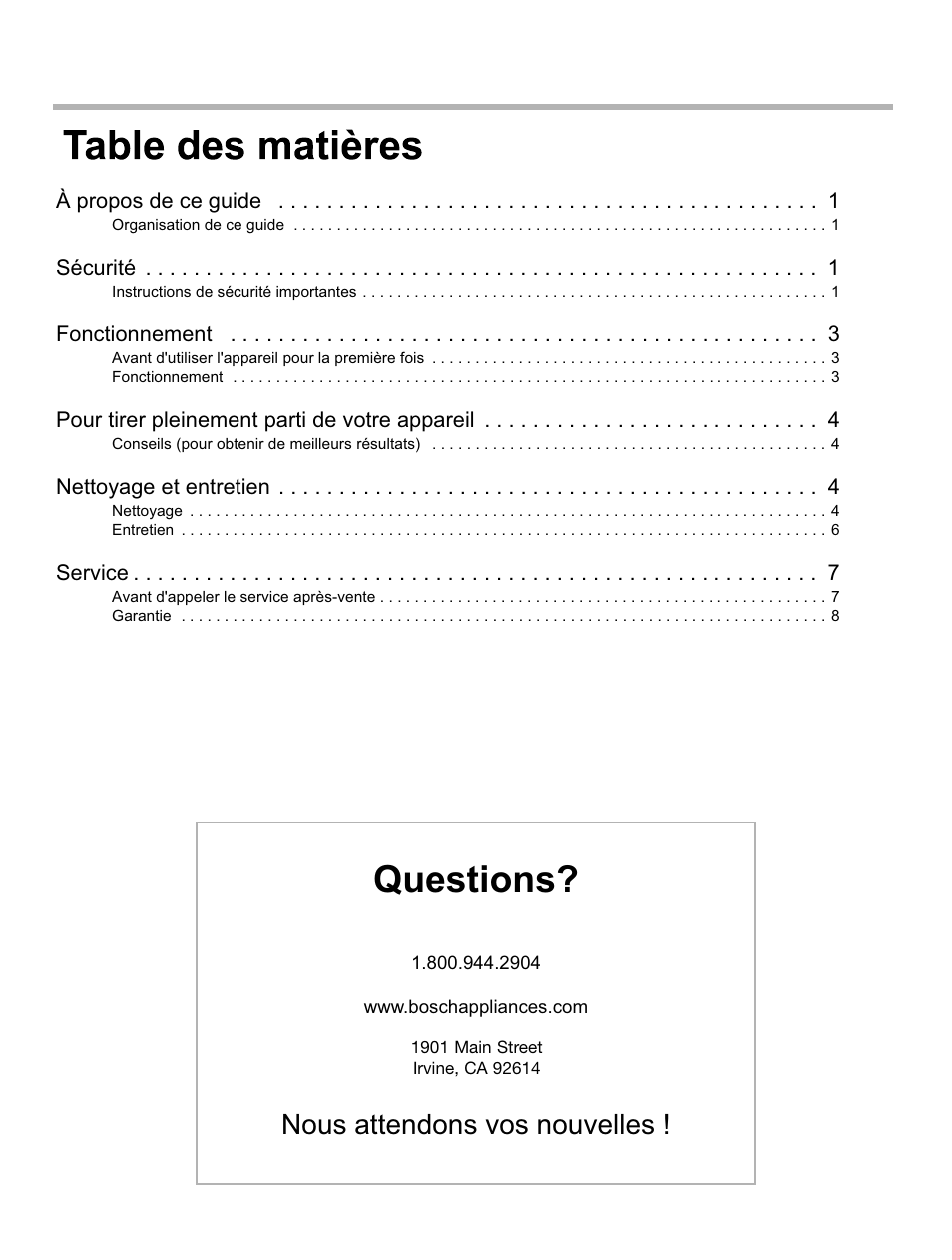 Questions, Nous attendons vos nouvelles | Bosch HUI31451UC User Manual | Page 12 / 32