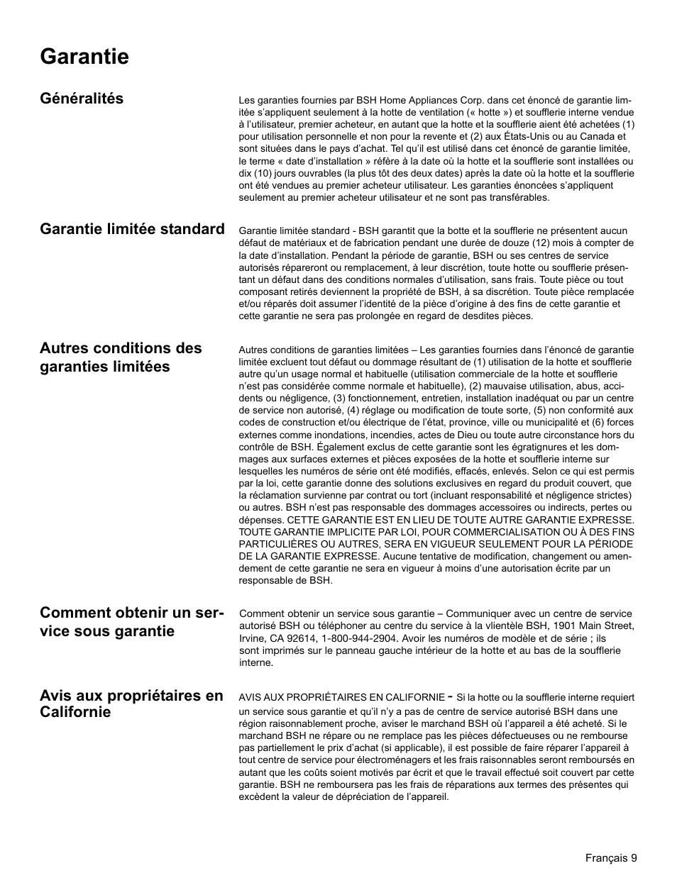 Garantie, Généralités, Garantie limitée standard | Autres conditions des garanties limitées, Comment obtenir un ser- vice sous garantie, Avis aux propriétaires en californie | Bosch HUI31451UC User Manual | Page 21 / 32