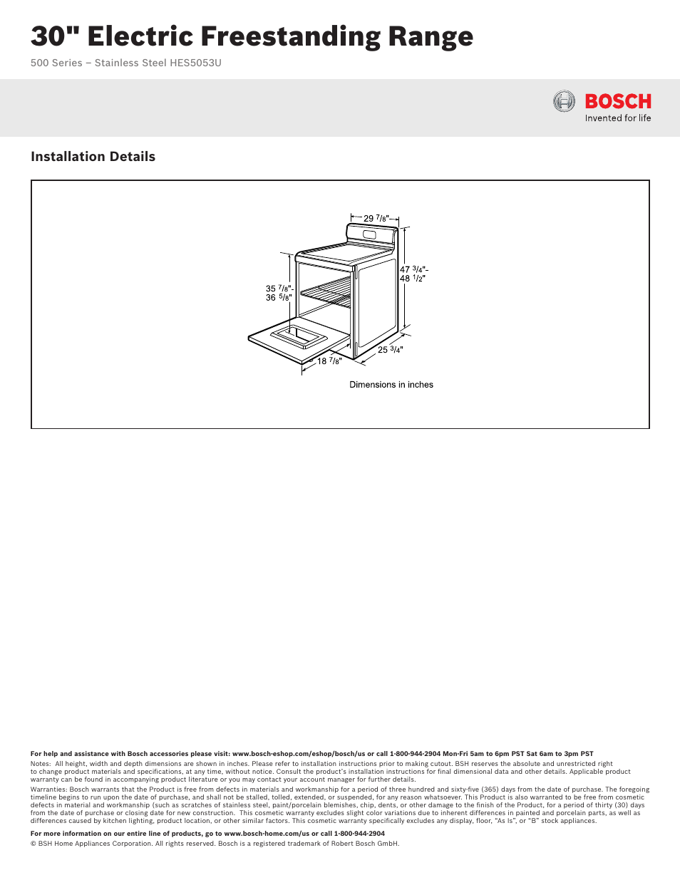 30" electric freestanding range, Installation details | Bosch HES5053U User Manual | Page 2 / 2