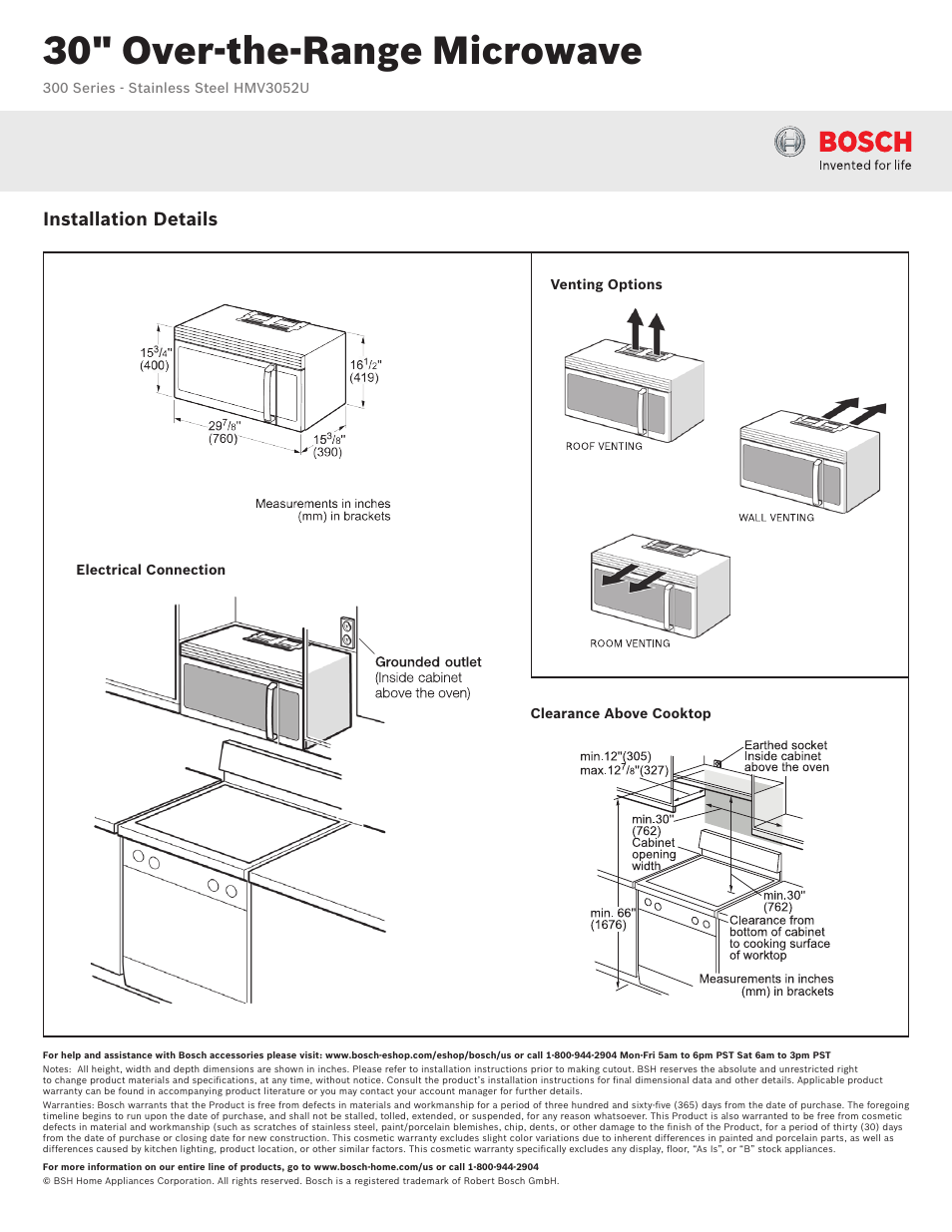 30" over-the-range microwave, Installation details | Bosch HMV3052U User Manual | Page 2 / 2