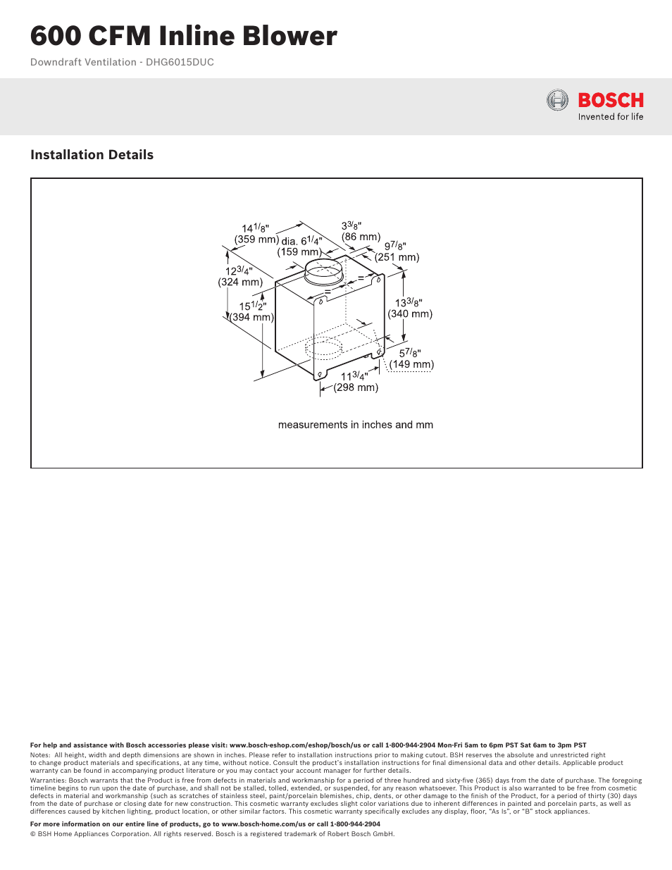 600 cfm inline blower, Installation details | Bosch 600 CFM DHG6015DUC User Manual | Page 2 / 2