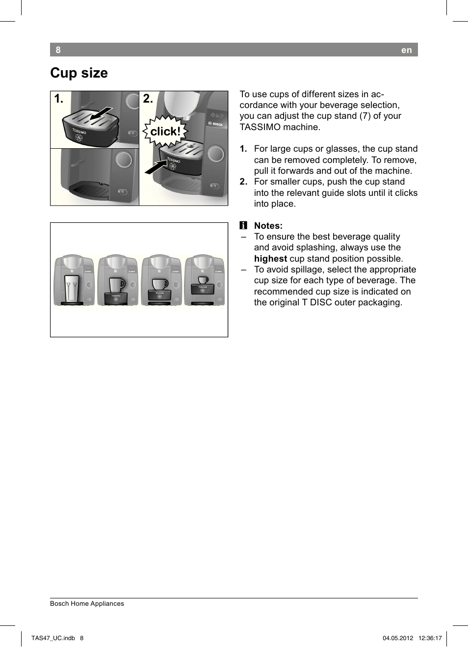 Cup size | Bosch Tassimo Hot Beverage System intenso User Manual | Page 10 / 66