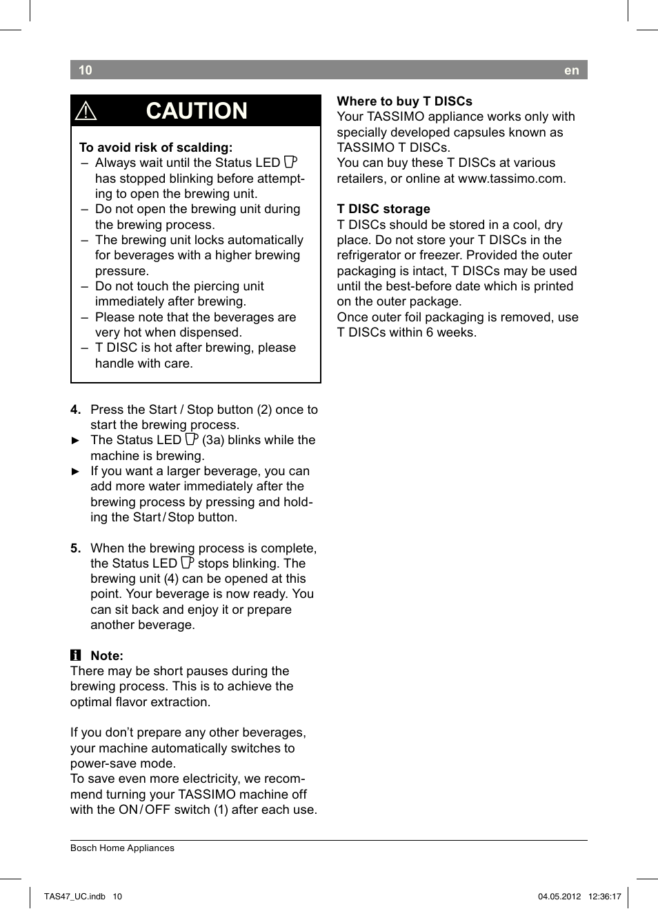 Caution | Bosch Tassimo Hot Beverage System intenso User Manual | Page 12 / 66