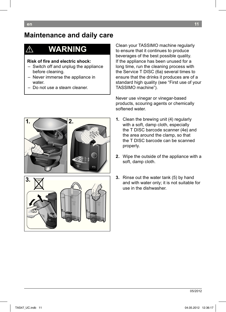 Warning, Maintenance and daily care | Bosch Tassimo Hot Beverage System intenso User Manual | Page 13 / 66