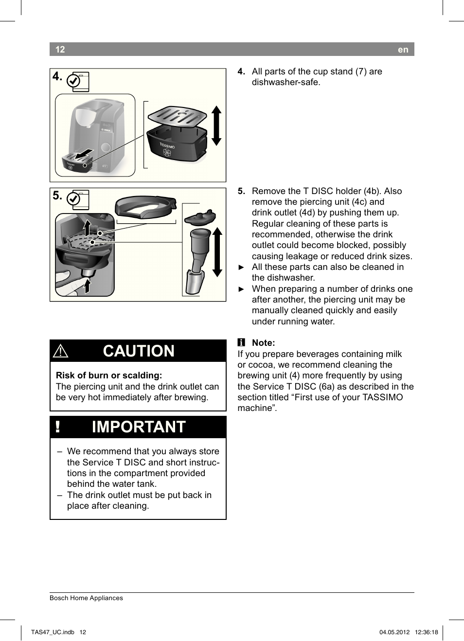 Caution, Important | Bosch Tassimo Hot Beverage System intenso User Manual | Page 14 / 66