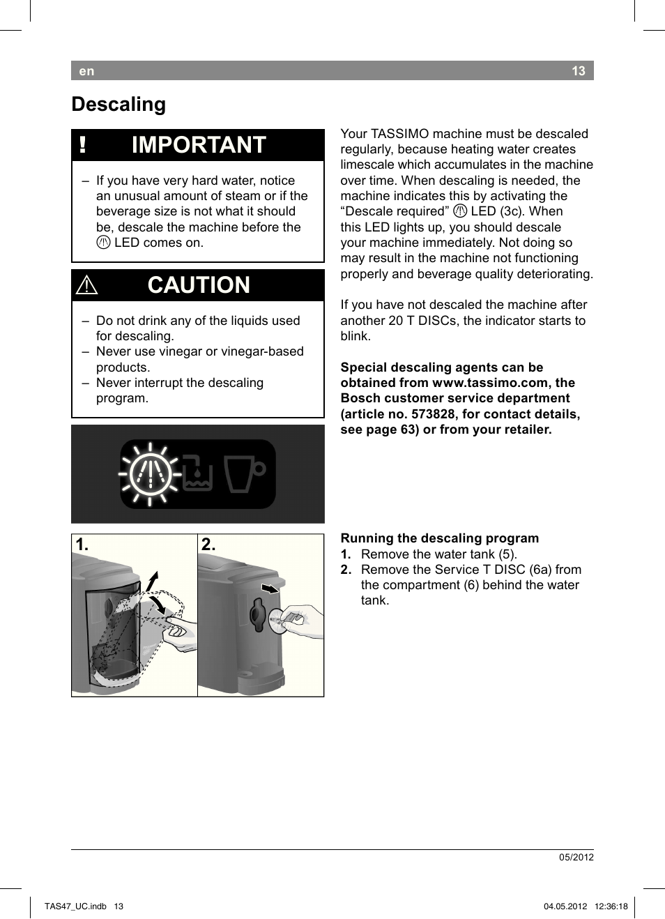 Important, Caution, Descaling | Bosch Tassimo Hot Beverage System intenso User Manual | Page 15 / 66