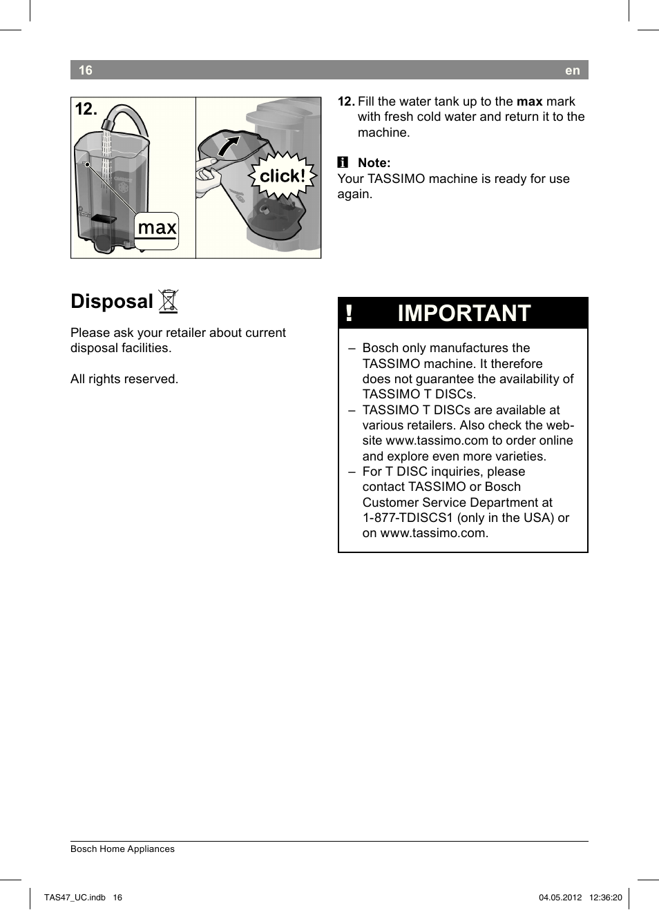 Important, Disposal | Bosch Tassimo Hot Beverage System intenso User Manual | Page 18 / 66