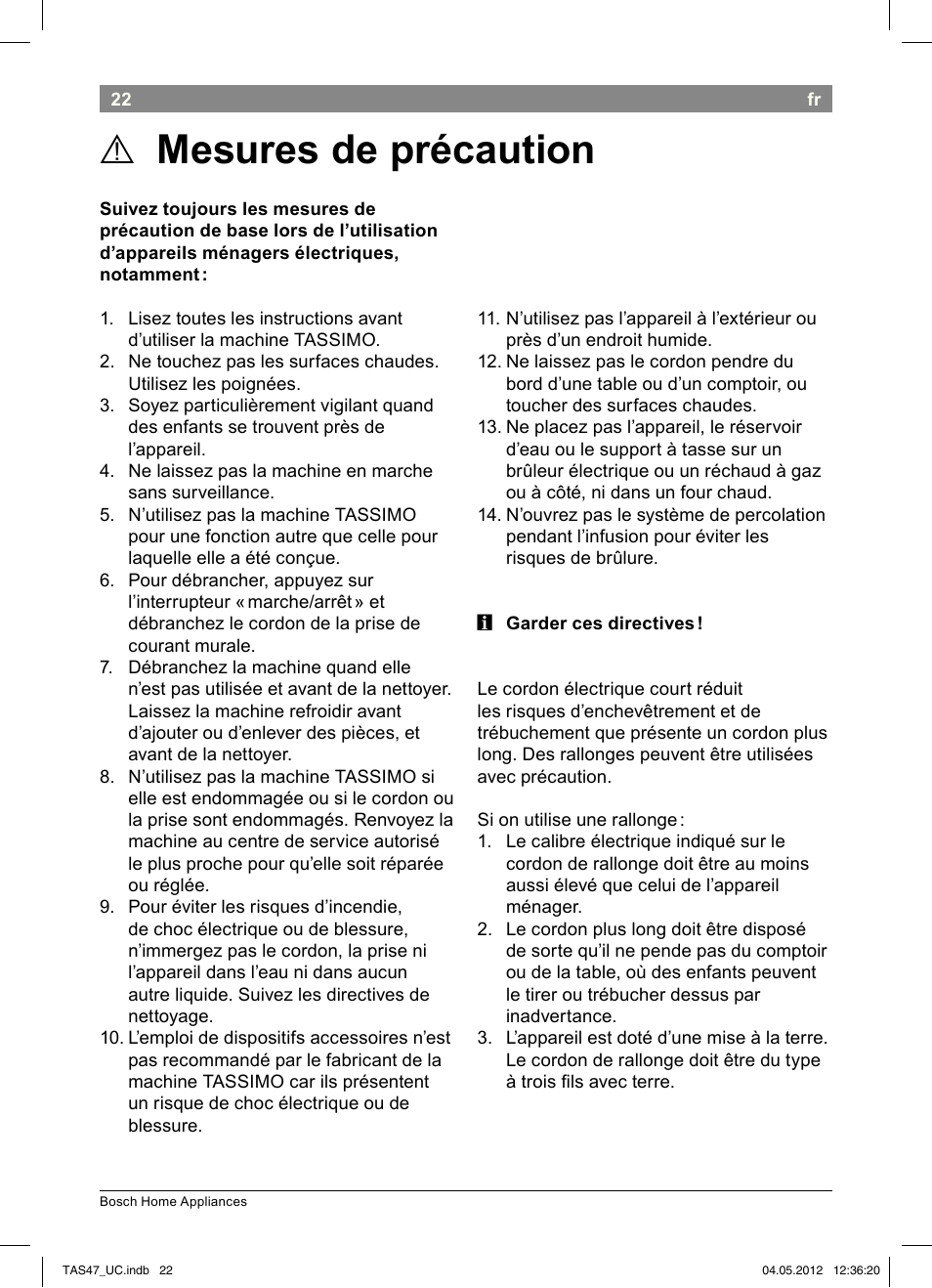 Mesures de précaution | Bosch Tassimo Hot Beverage System intenso User Manual | Page 24 / 66