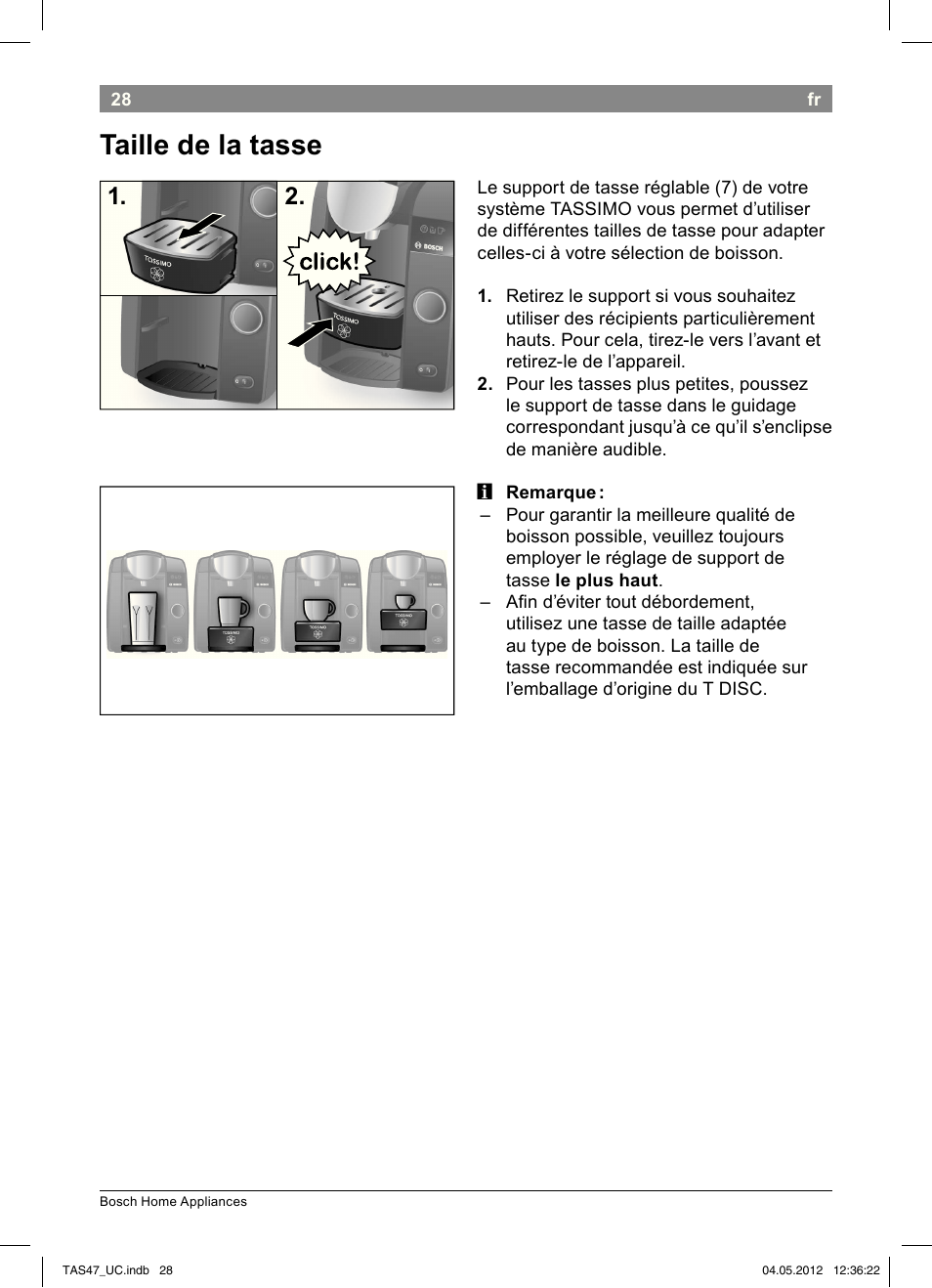 Taille de la tasse | Bosch Tassimo Hot Beverage System intenso User Manual | Page 30 / 66