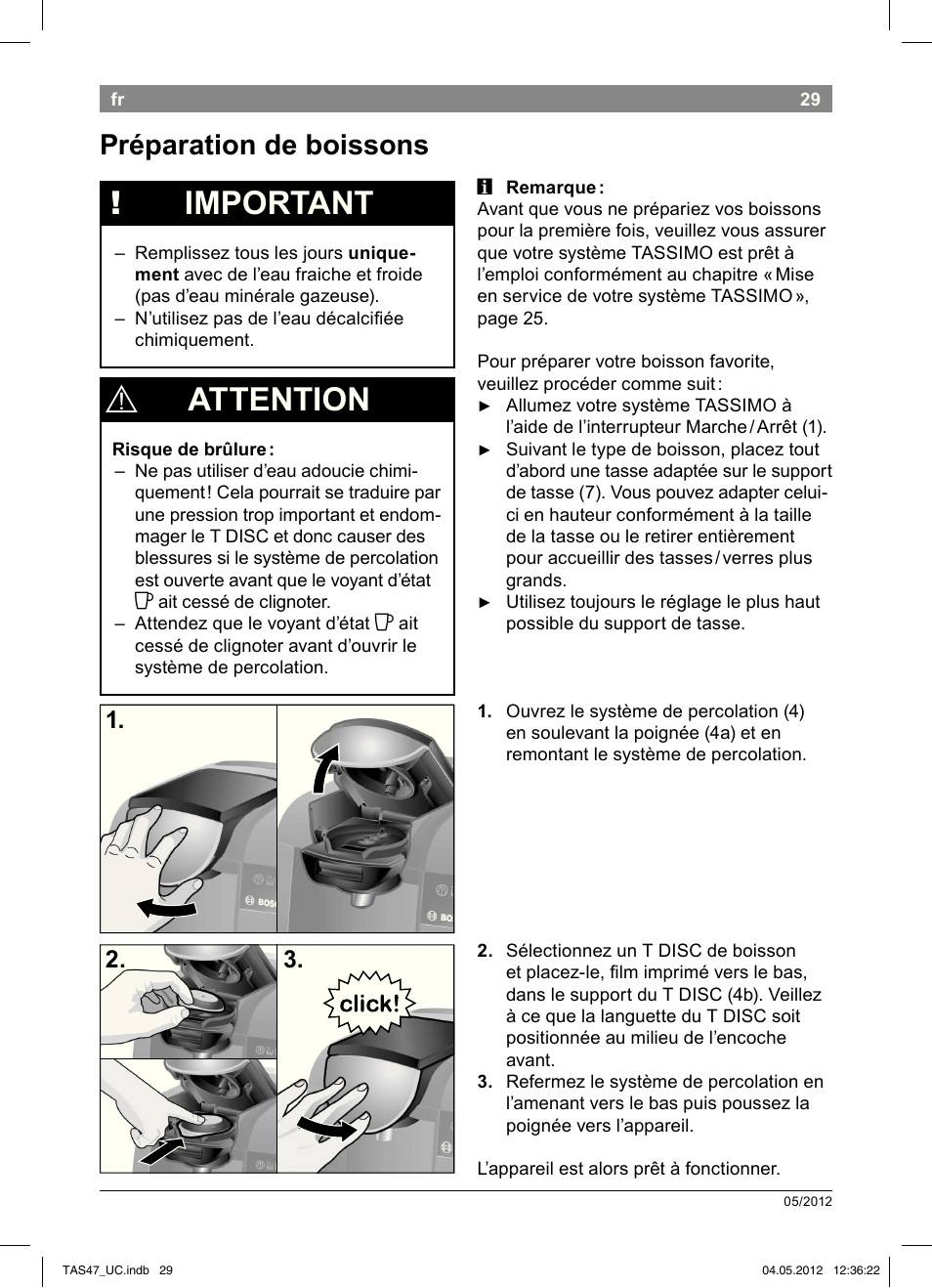 Important, Attention, Préparation de boissons | Bosch Tassimo Hot Beverage System intenso User Manual | Page 31 / 66