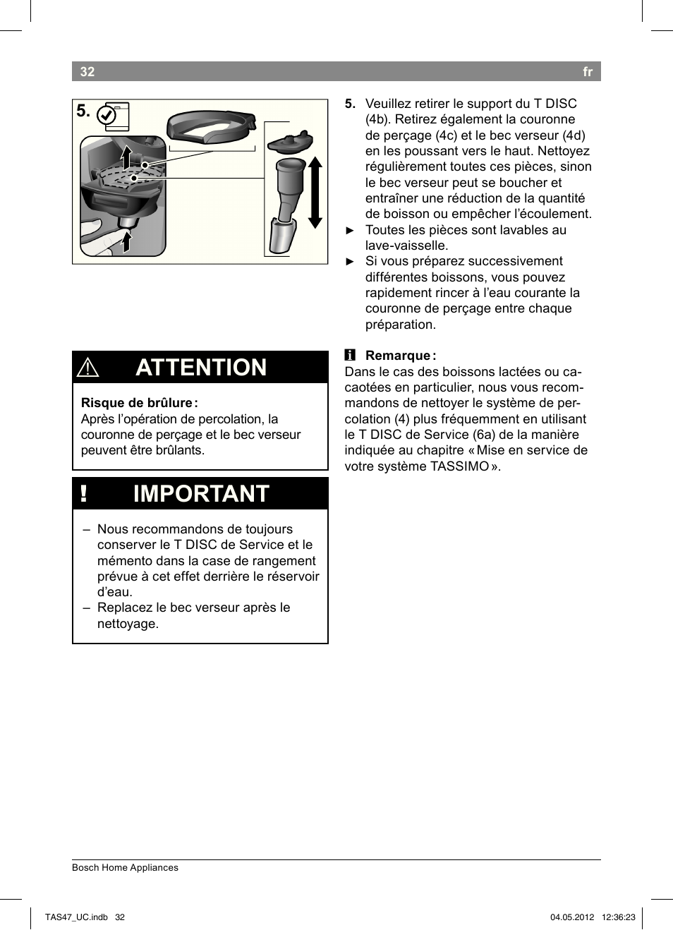 Attention, Important | Bosch Tassimo Hot Beverage System intenso User Manual | Page 34 / 66