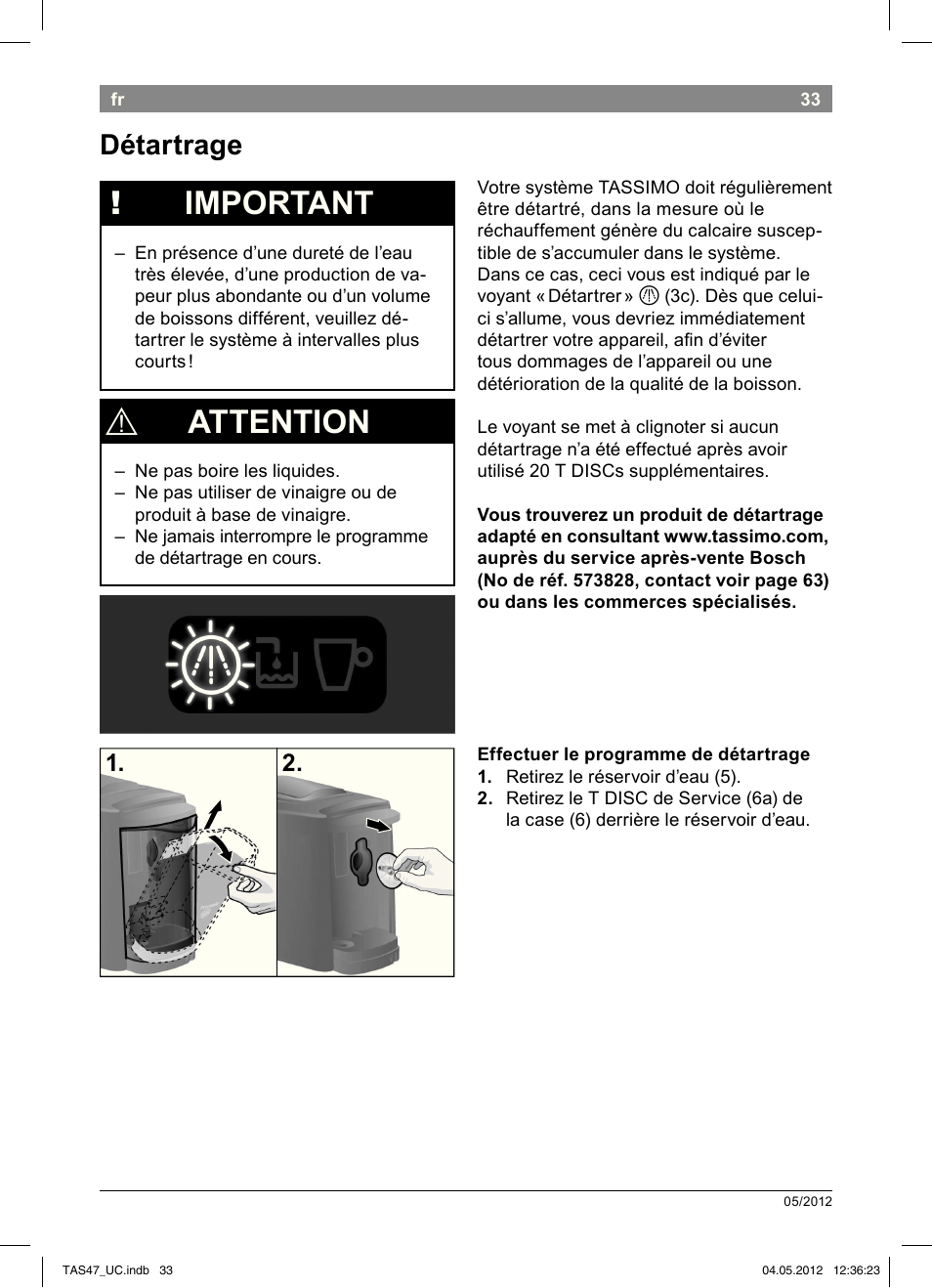 Important, Attention, Détartrage | Bosch Tassimo Hot Beverage System intenso User Manual | Page 35 / 66