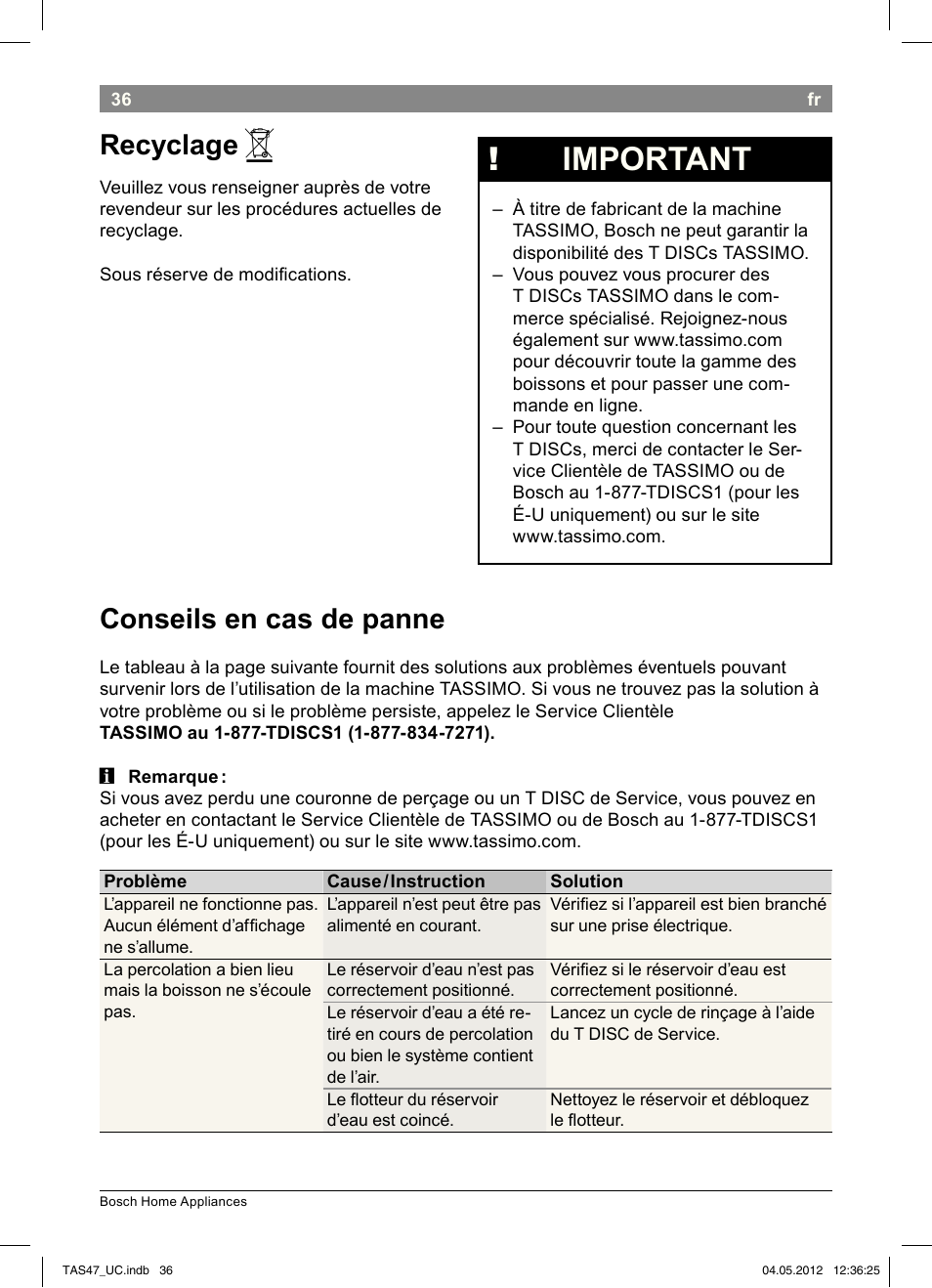 Important, Recyclage, Conseils en cas de panne | Bosch Tassimo Hot Beverage System intenso User Manual | Page 38 / 66