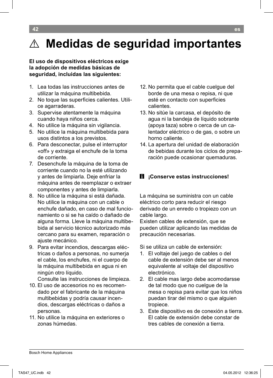 Medidas de seguridad importantes | Bosch Tassimo Hot Beverage System intenso User Manual | Page 44 / 66