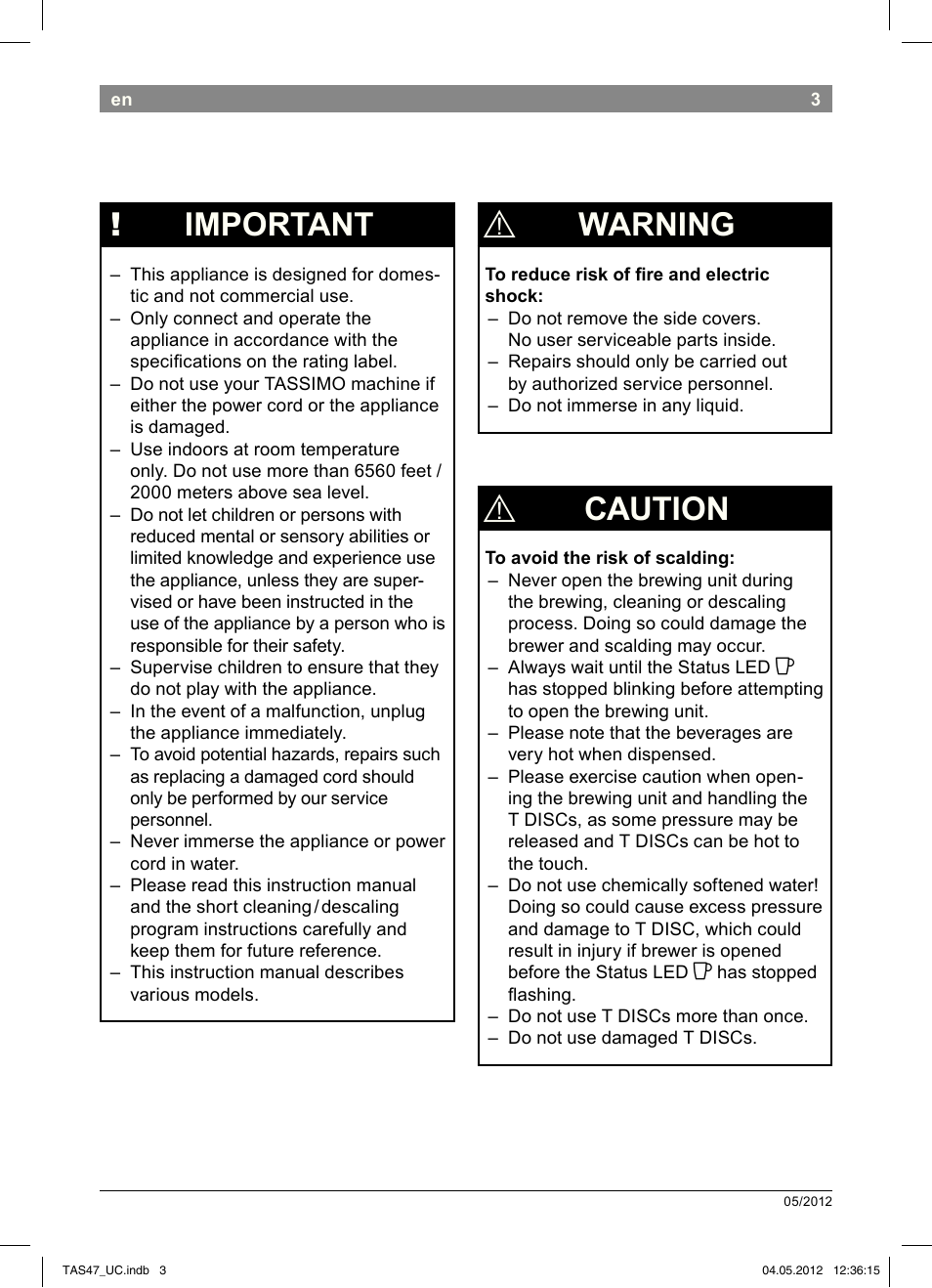 Important, Warning, Caution | Bosch Tassimo Hot Beverage System intenso User Manual | Page 5 / 66