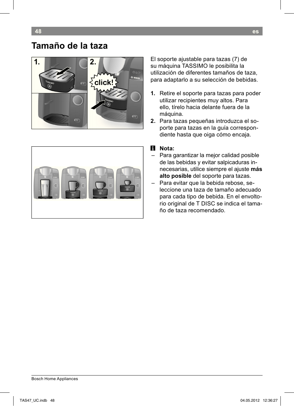 Tamaño de la taza | Bosch Tassimo Hot Beverage System intenso User Manual | Page 50 / 66