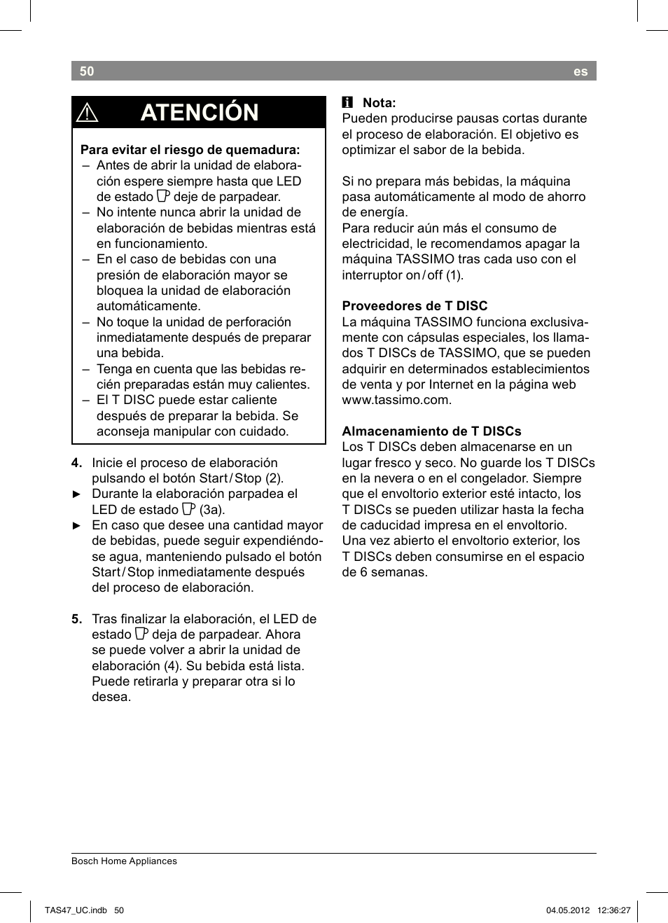 Atención | Bosch Tassimo Hot Beverage System intenso User Manual | Page 52 / 66